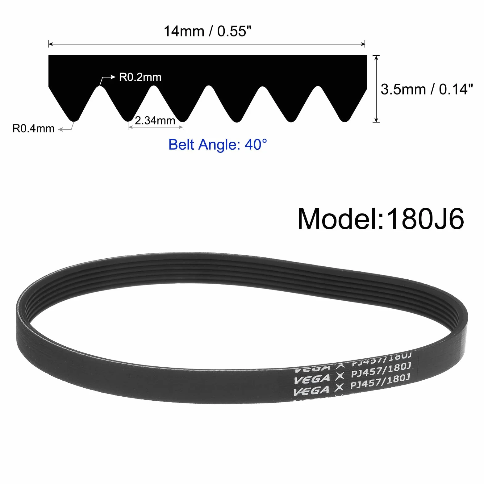 sourcing map 180J6 Correa de goma en V de polietileno, 6 costillas PJ, 457 mm x 14 mm x 3,5 mm
