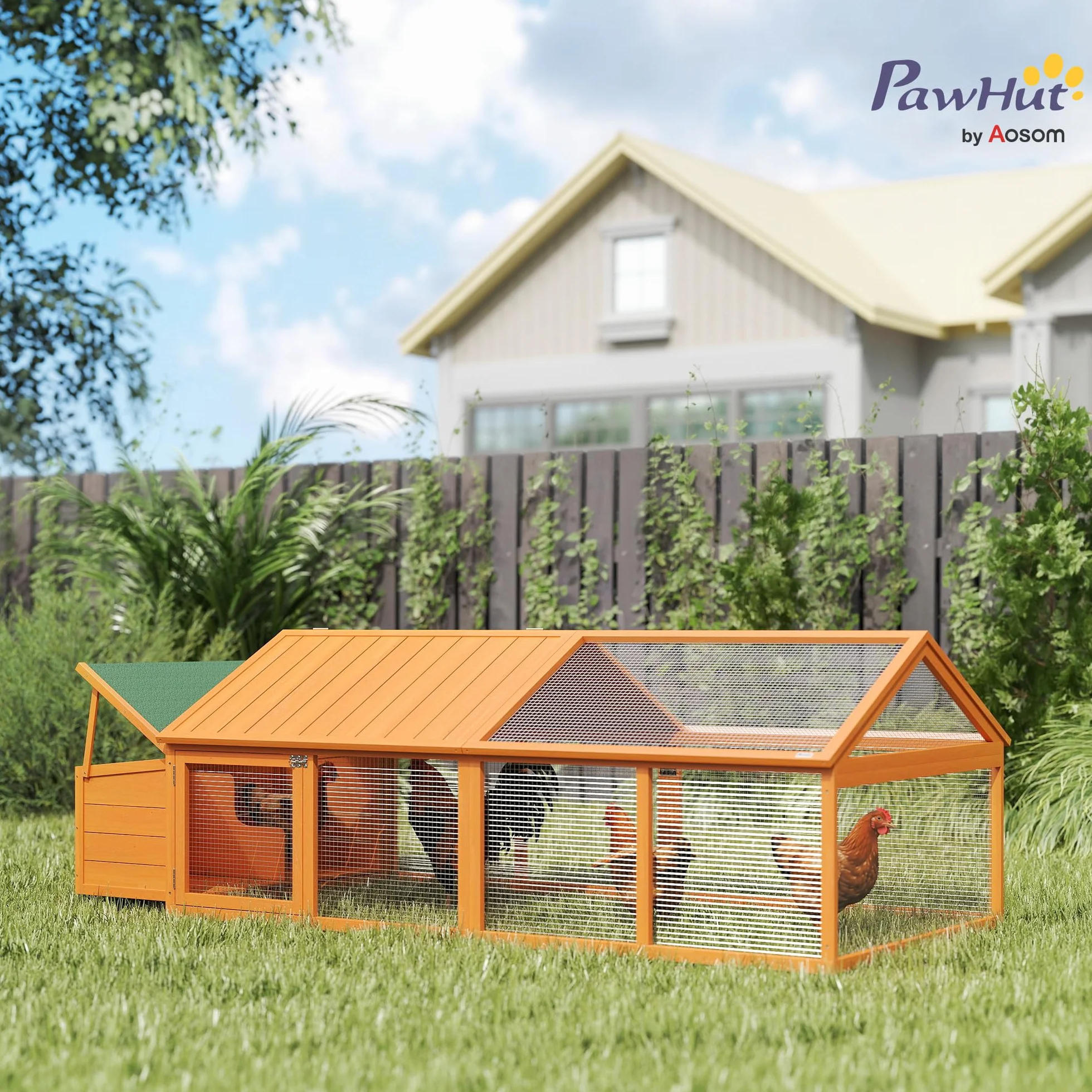 PawHut Gallinero Exterior Madera 240x112,5x76 cm Techo Abatible Corral Puertas Cerradura Nido Gallinas