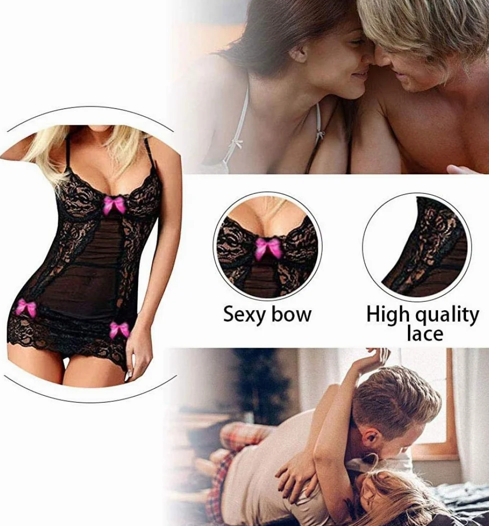 AKAZI Lencería Sexy para el día de San Valentín, lencería Sexy para Mujer, Ropa de Dormir de Malla de Encaje Negro con Nudo de Lazo, Ropa Interior de Babydoll Hueca, Mono (Rose Red L)