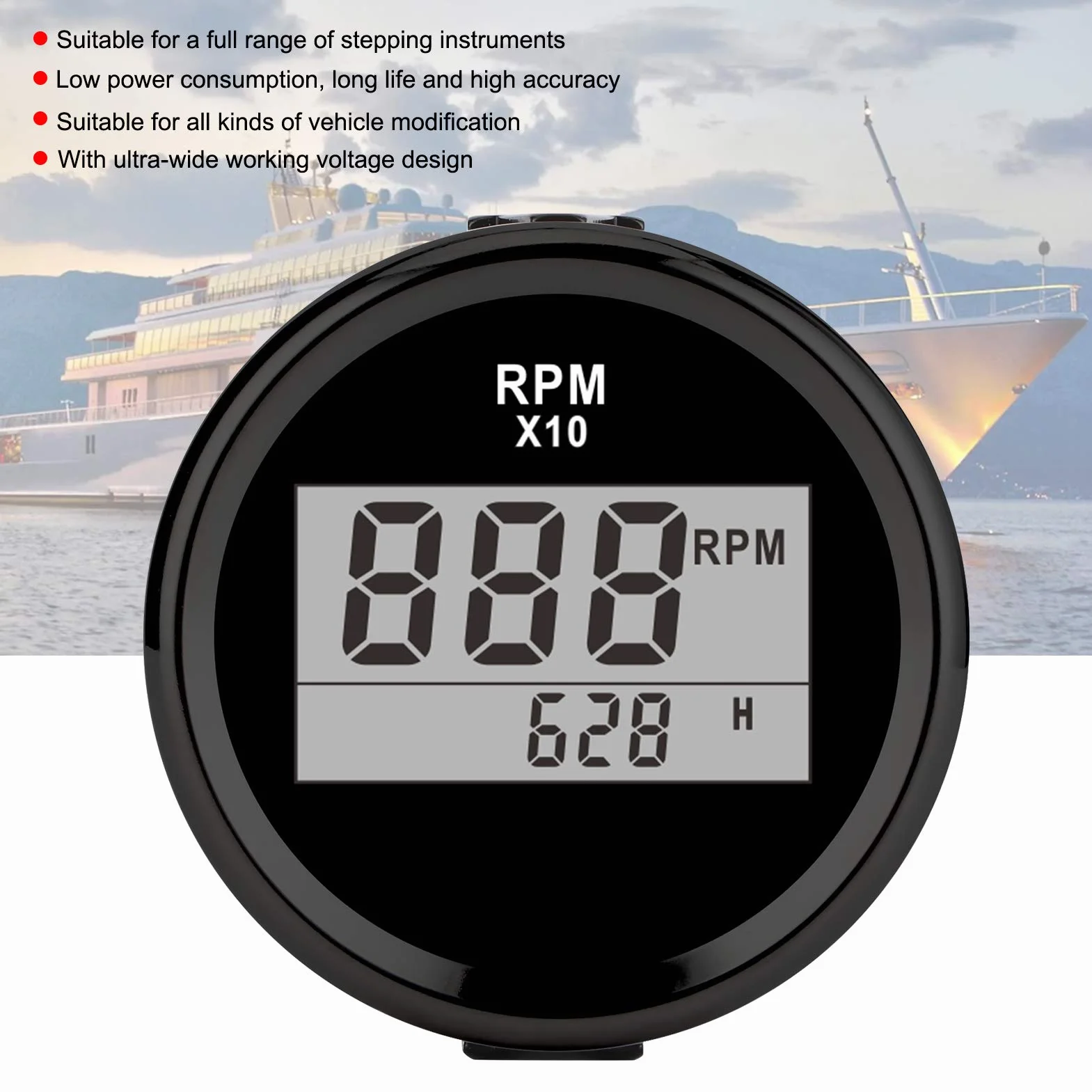 Tacómetro Medidor Digital 0-9990RPM IP67 9-32V 52mm 2 Pulgadas Pantalla LCD para Coche Camión Barco