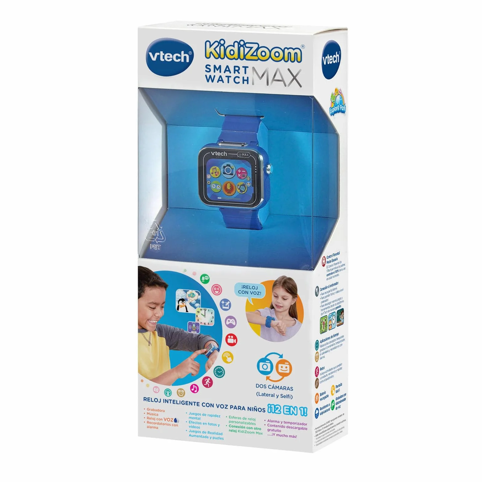 VTech - Kidizoom Smartwatch MAX Azul, Reloj Inteligente para niños, Doble cámara de Fotos, vídeos, Juegos, Pantalla táctil Horizontal, Versión ESP