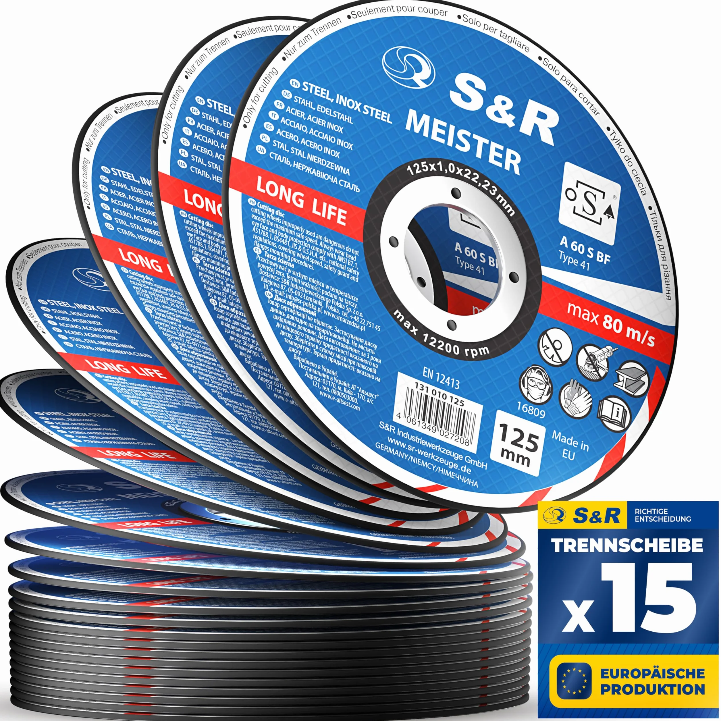 S&R Disco Corte Metal 125 x1 mm Radial de Corte Hierro Acero INOX Juego 15 Discos Amoladora Angular