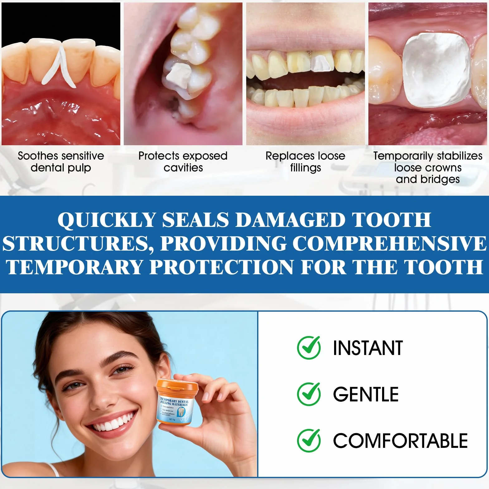 Cemento Dental Temporal, Kit de Relleno para Caries, 15g