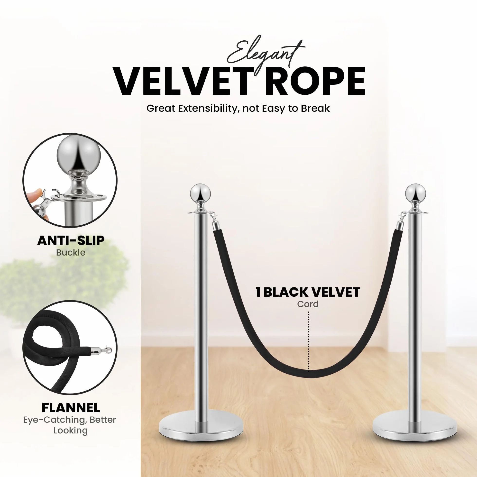 Postes Separadores de Acero Inoxidable 90 cm 2 Piezas con Cuerda de Terciopelo Negro 1,5 m Control de Multitudes