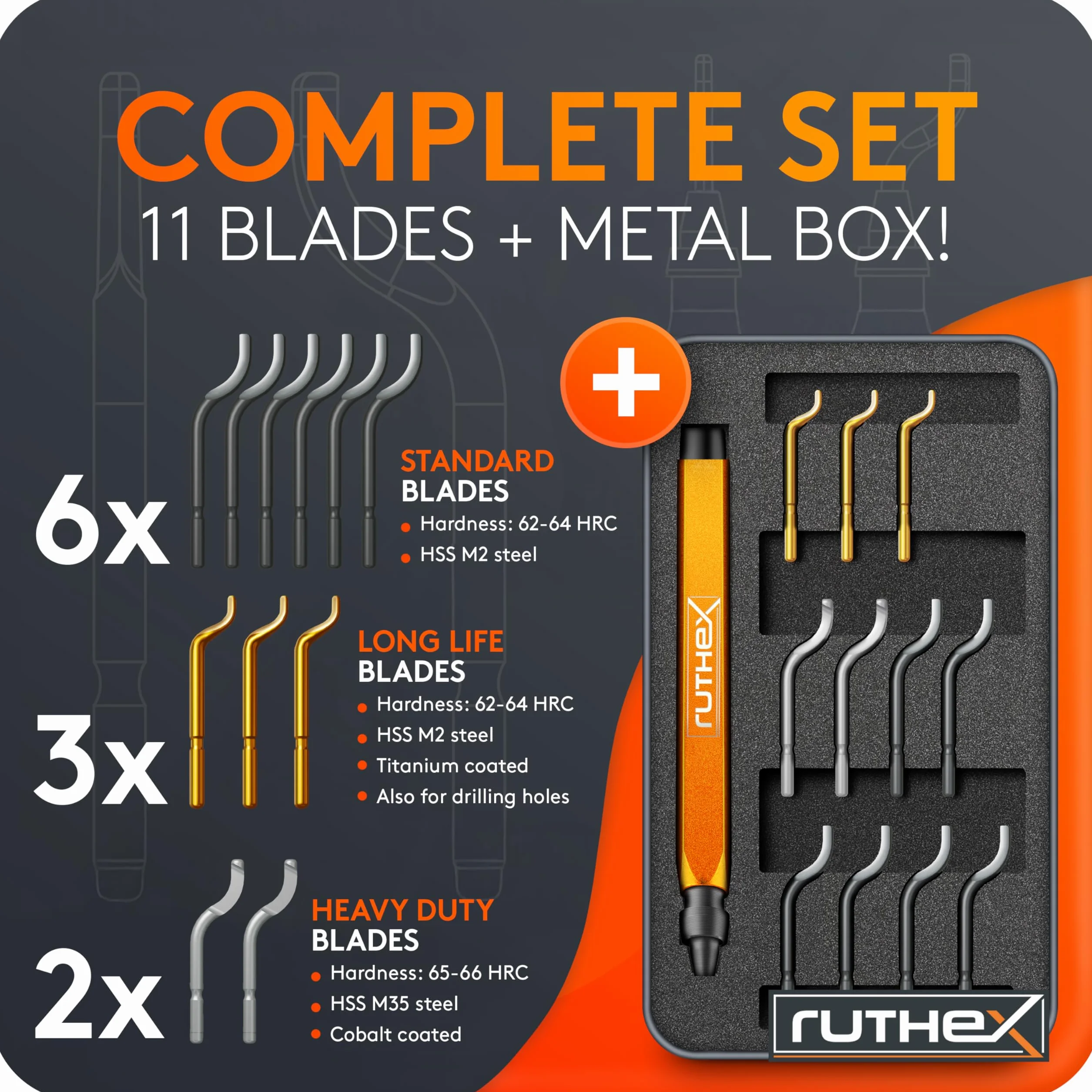 Ruthex Desbarbador Manual en Caja de Metal con 11 Cuchillas para Plástico, Metal y Acero Inoxidable