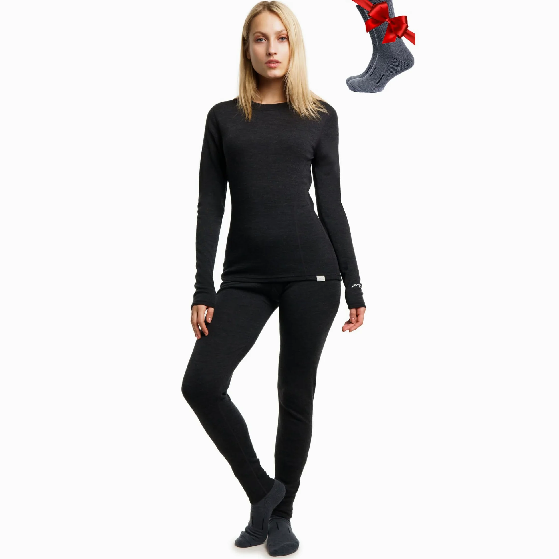 Merino.tech Conjunto Lana Merino Mujer - 100% Termica Lana Merino Camisa y Pantalon Ligero, Medio, Pesado con Calcetines