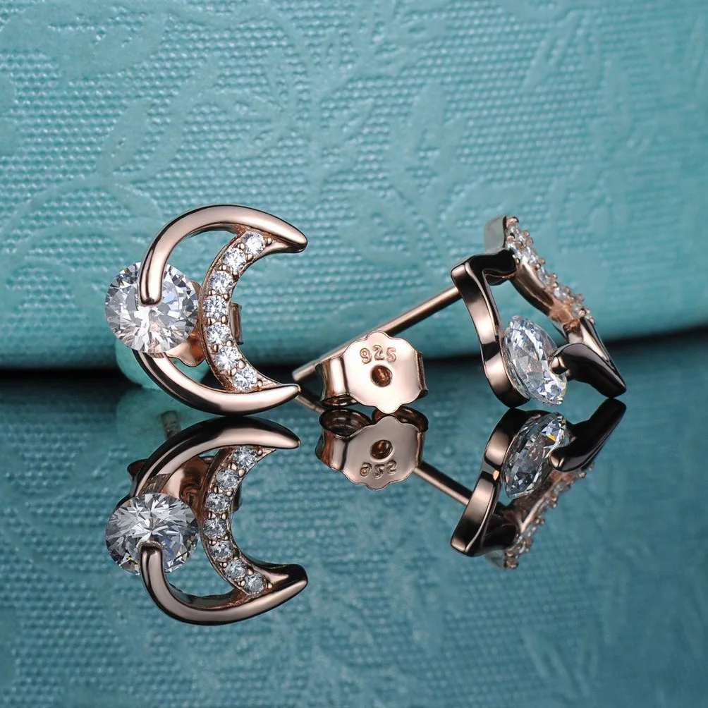 Pendientes Mujer Niña, Yumilok-Moda Pendientes con Brillantes Circontias Estrella y Luna, Oro Rosa S925 Plata de Ley