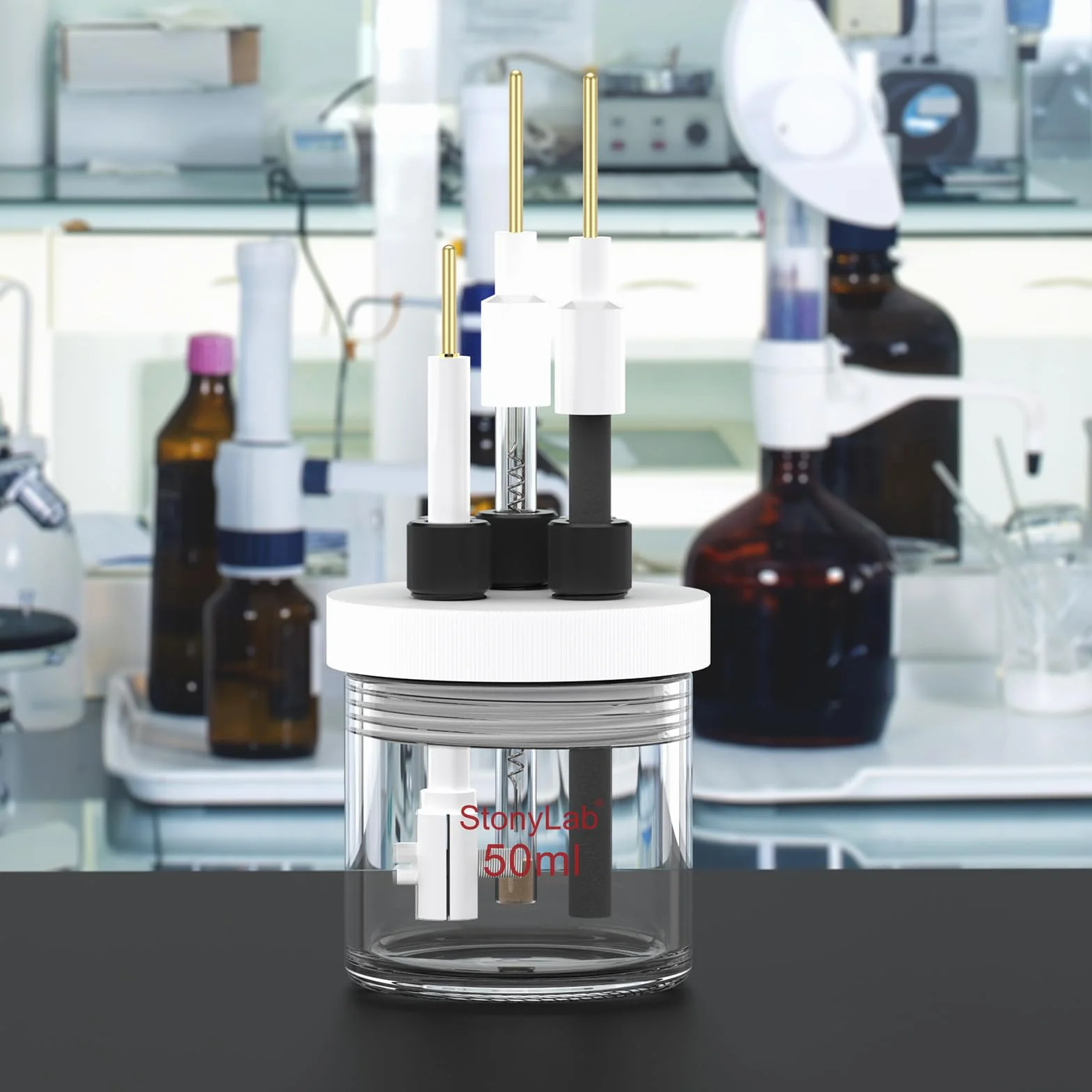Styonylab Celda Electrolítica de Borosilicato 50 ml Kit de Celda Electroquímica Sellada con Tapa de PTFE 5 Orificios