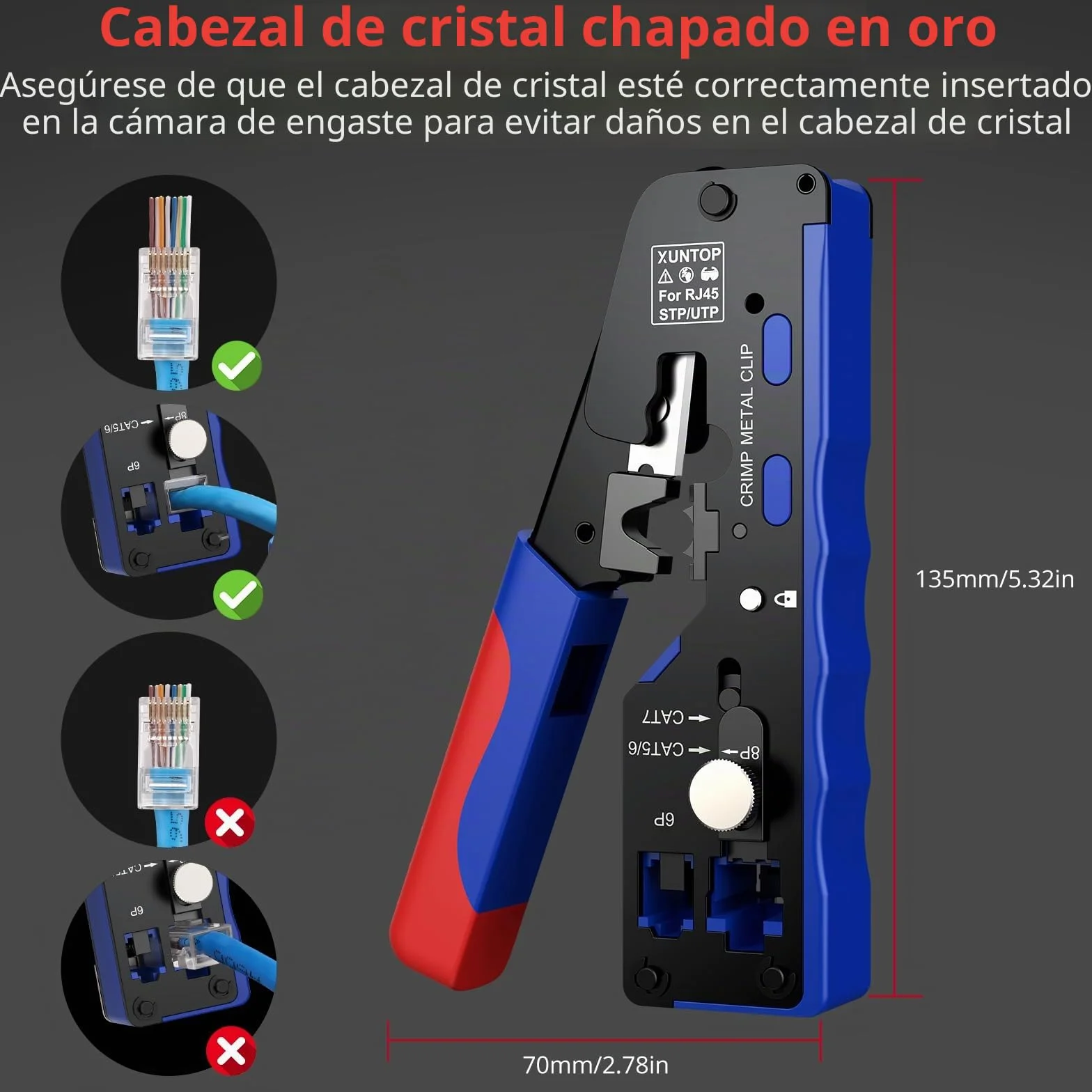 XUNTOP Crimpadora RJ45 Herramienta de Crimpado para Cat5 Cat6 Cat6a Cat7 Ethernet con Comprobador de Cables Kit 100 Piezas