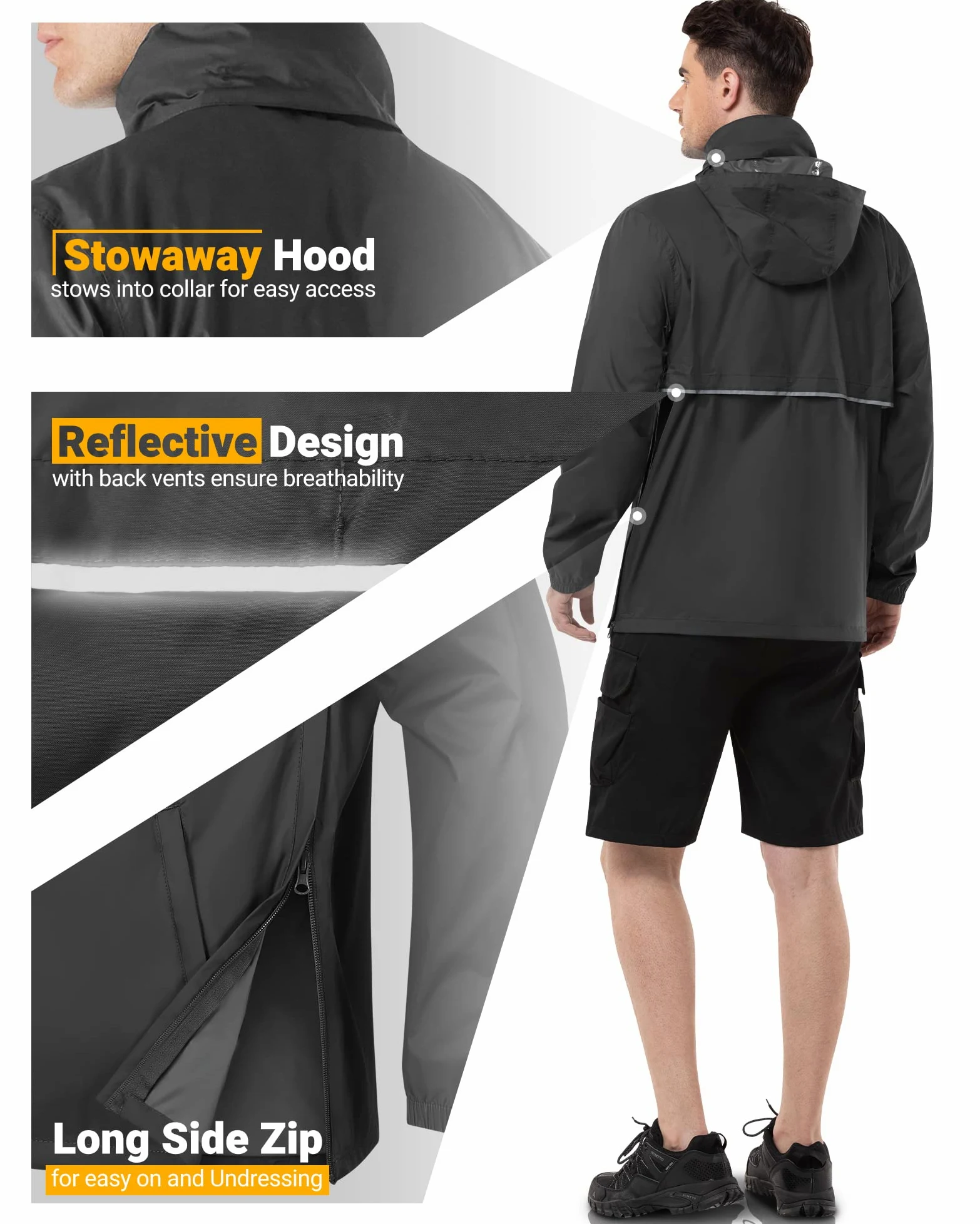 Outdoor Ventures Chubasquero para hombre suéter impermeable con capucha chaqueta reflectante plegable chaqueta ligera para bicicleta cortavientos transpirable chaqueta softshell para senderismo correr