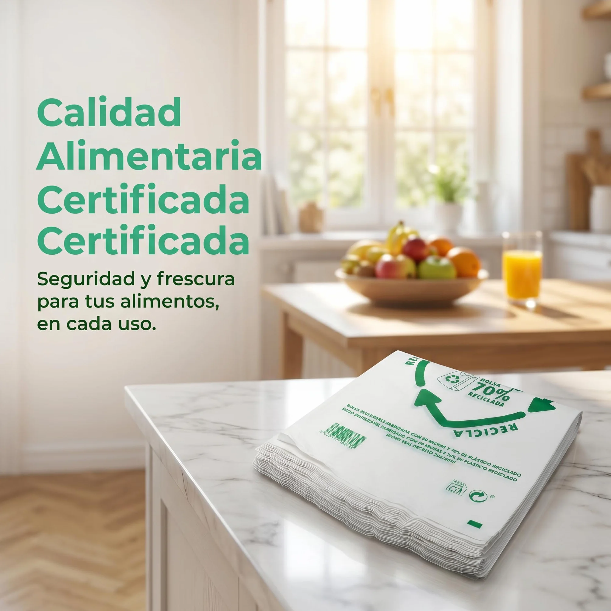Bolsas de Plástico Asa Camiseta Blanco 50x60 cm 100 Unidades Reutilizables Resistentes 50 Micras 70% Reciclado Aptas Alimentación