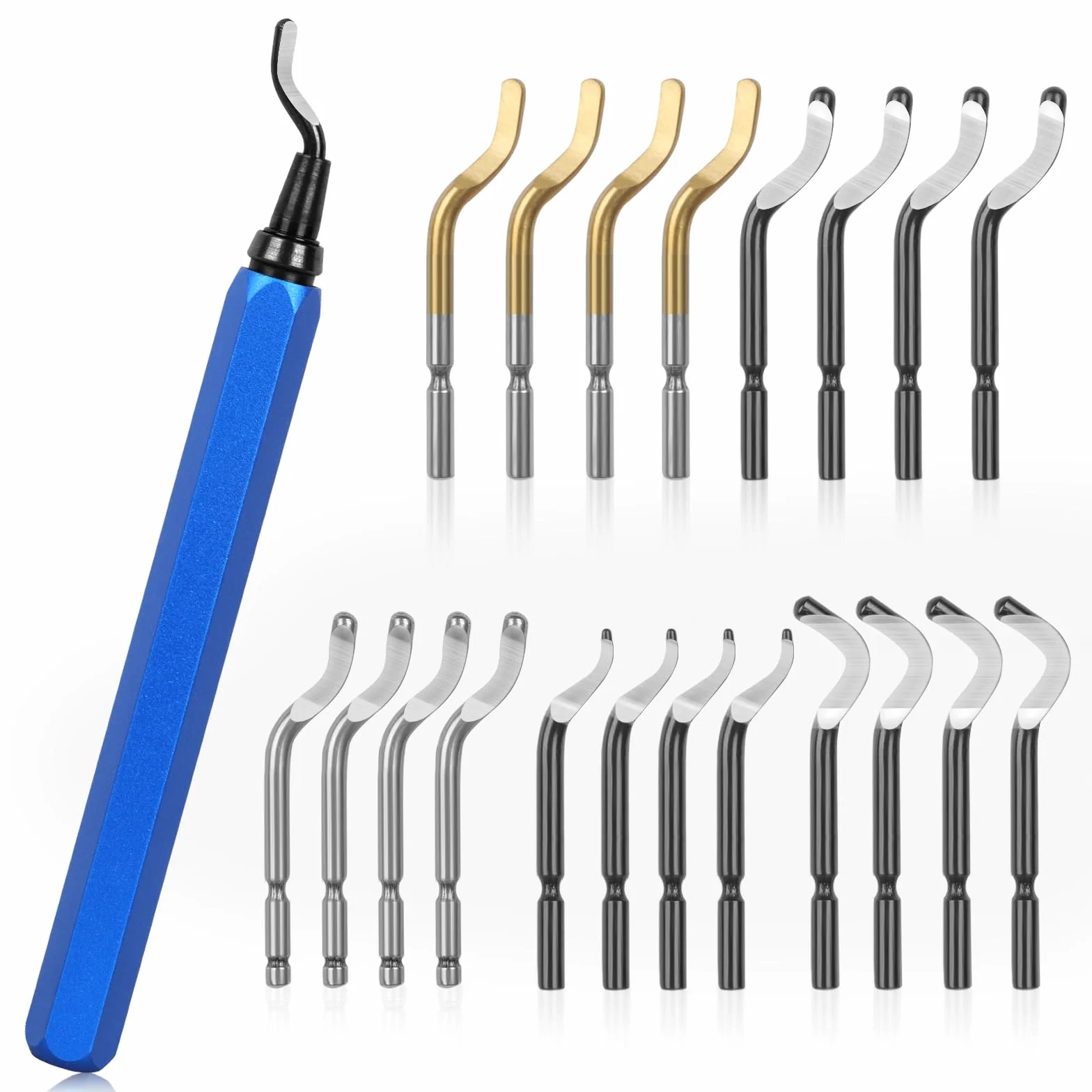 KOMABLEN Desbarbador Metal Manual 21 Piezas con 20 Cuchillas HSS Mango Aleación Aluminio Giratorio 360°