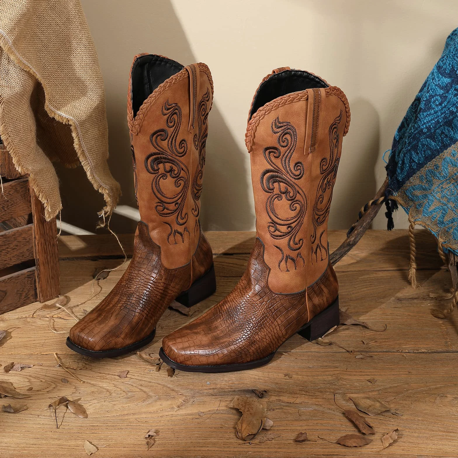 Lizoleor Botas Hasta la Rodilla de Mujer Punta Cuadrado Vaqueras Occidentales Clasico Bordado