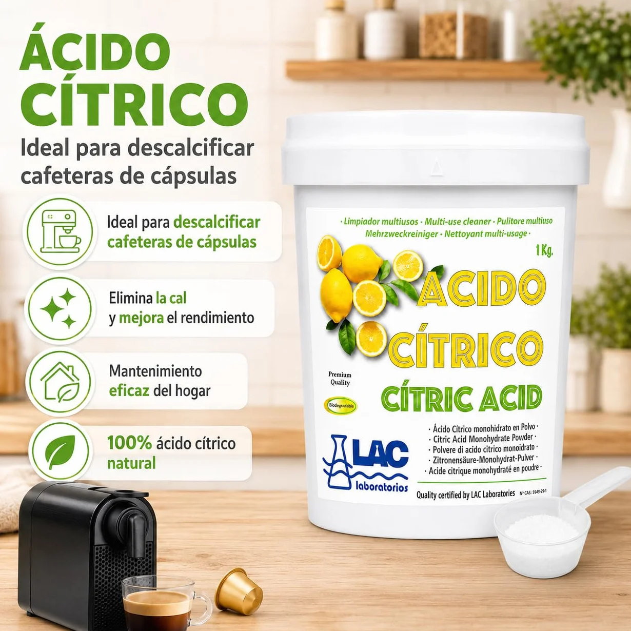Ácido Cítrico anhidro natural 100% puro 1 kg laboratorios LAC