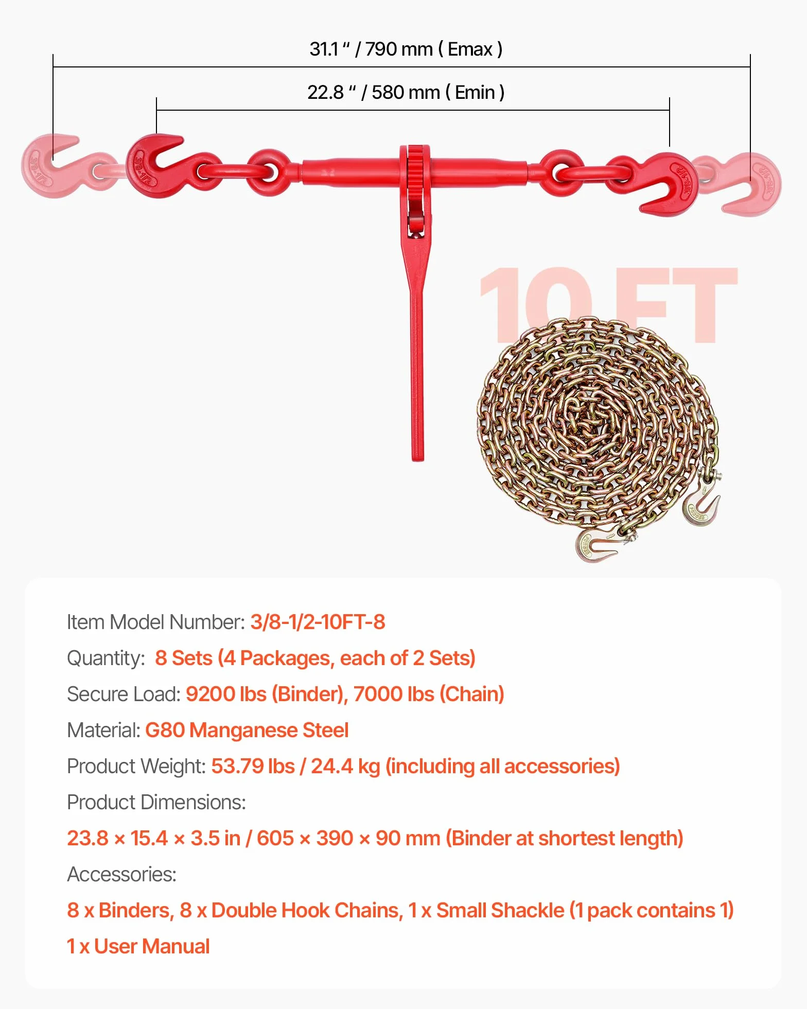 VEVOR Tensor de Trinquete con Cadenas G80 10mm x 3m Kit 8 Piezas Carga de Trabajo 4173 kg