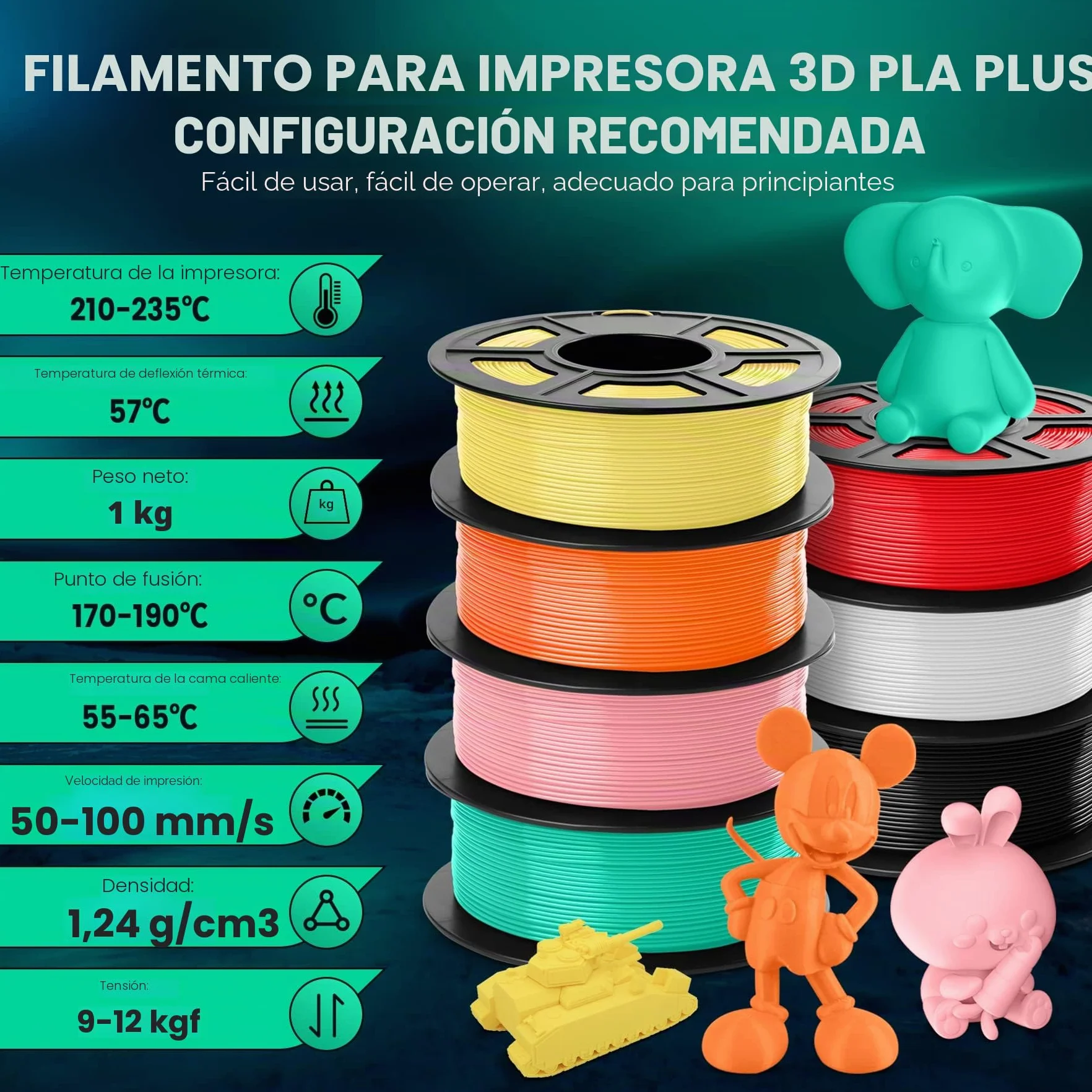 SUNLU PLA+ Filamento 1.75mm Negro 1KG para Impresoras 3D FDM