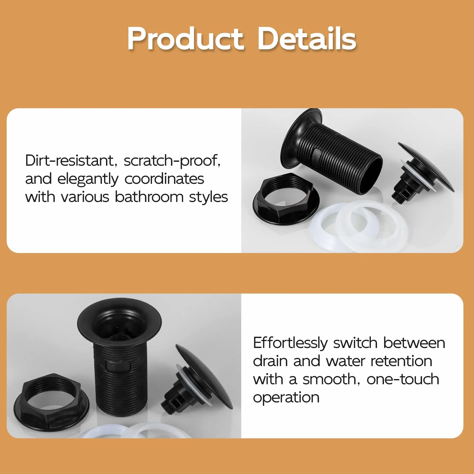 Desagüe Universal para Lavabo Sin Rebosadero, Válvula Clic Clac, Alta Impermeabilidad, Instalación Rápida, 2 Piezas, Negro Mate