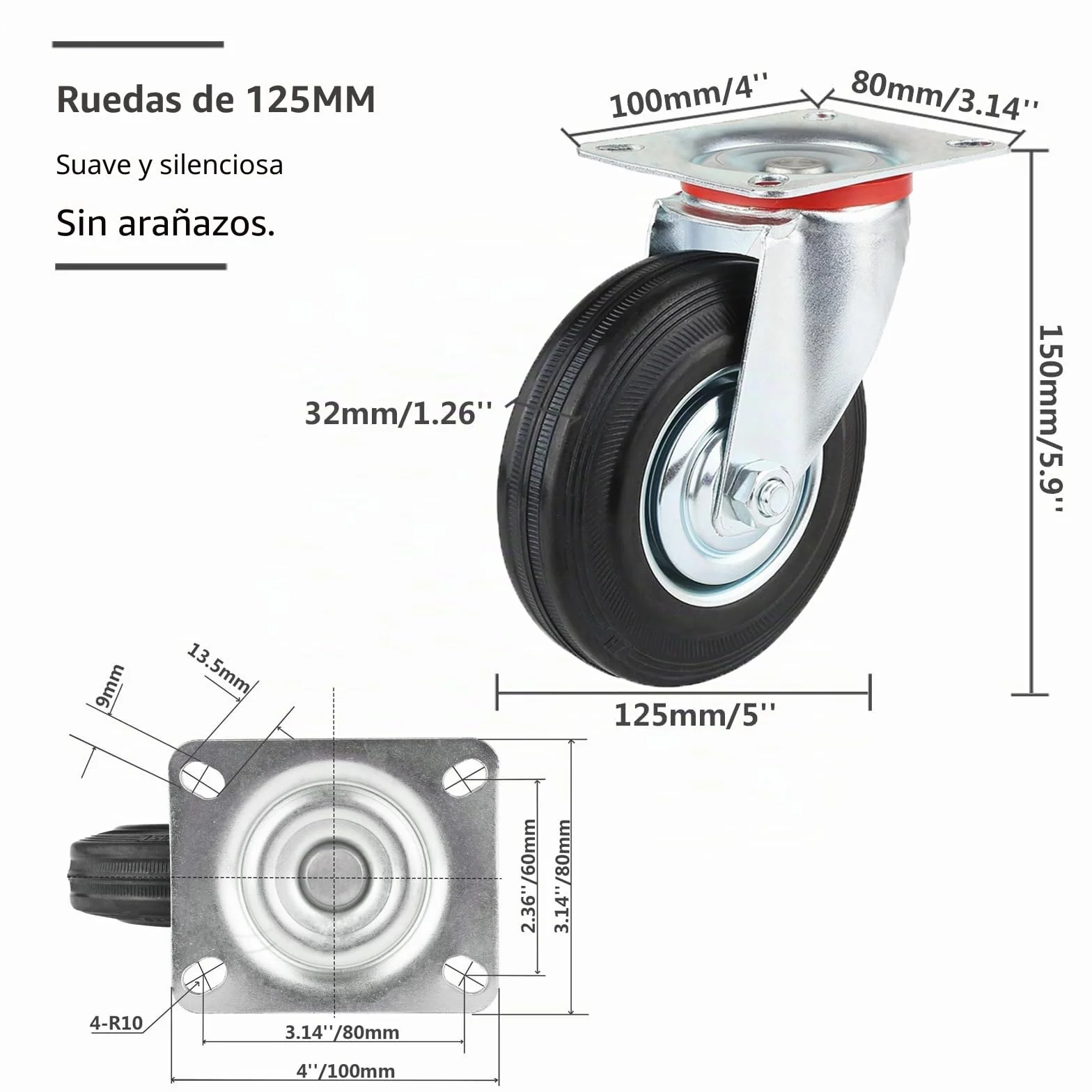 Ruedas para cargas pesadas 125 mm con freno 4 ruedas de transporte 400 kg giratorias 360° goma