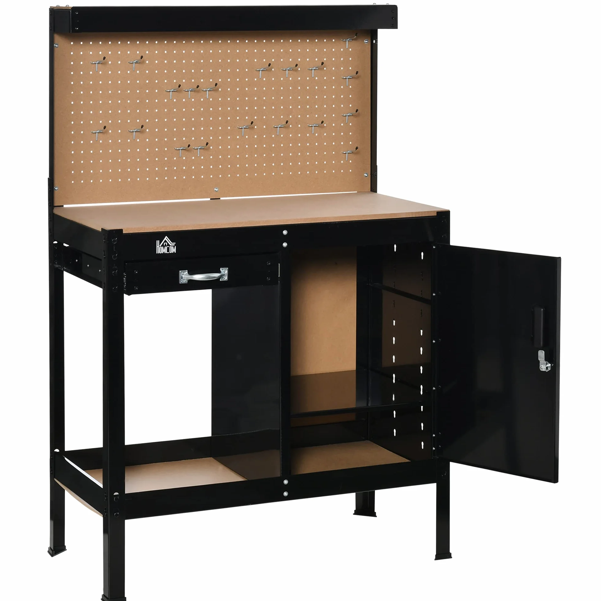 HOMCOM Banco de Trabajo 98,5x48x140 cm Carga 100 kg Mesa con Panel Perforado Negro