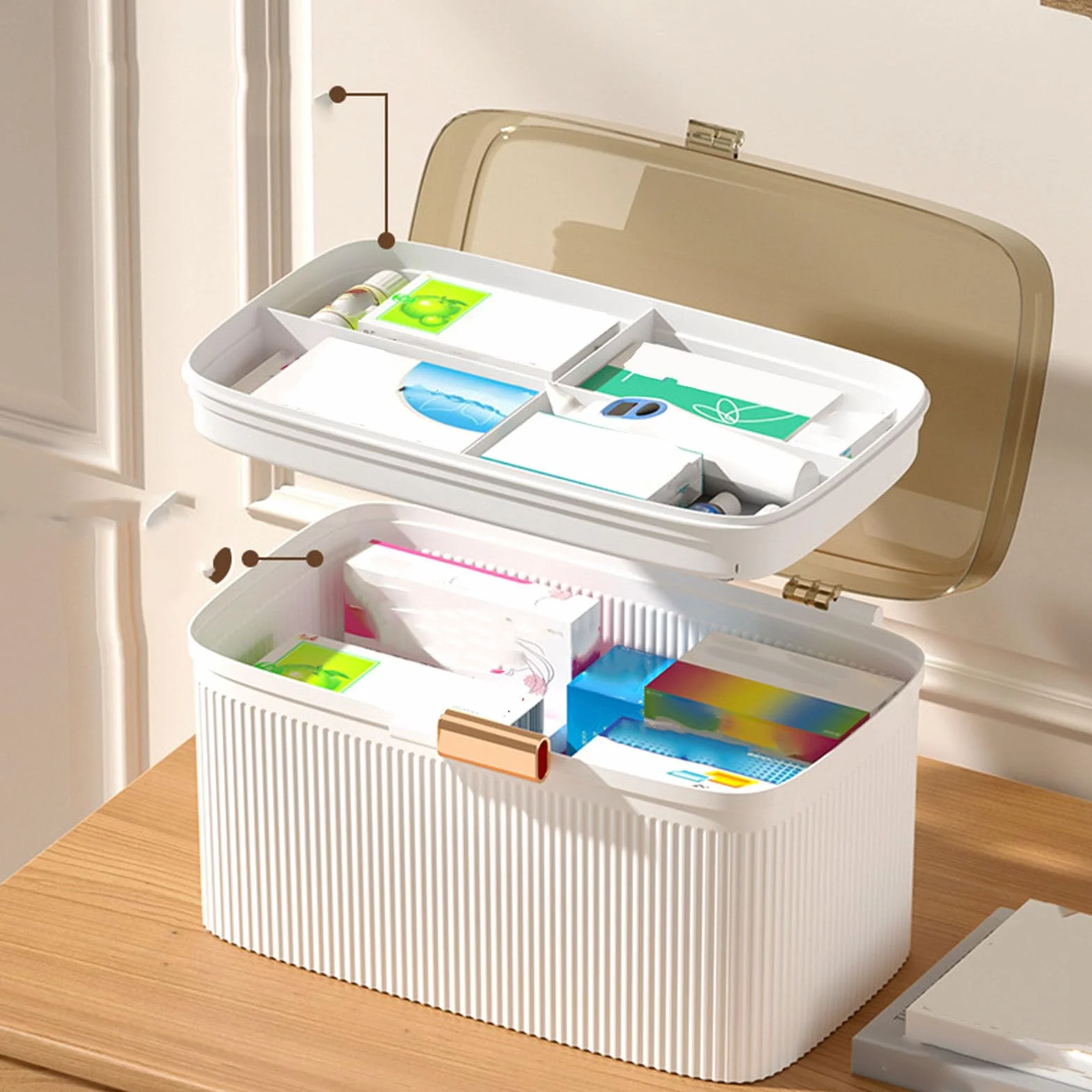 Caja de Medicina Familiar con Cerradura de Seguridad, Organizador de Plástico de Doble Capa, Botiquín Doméstico