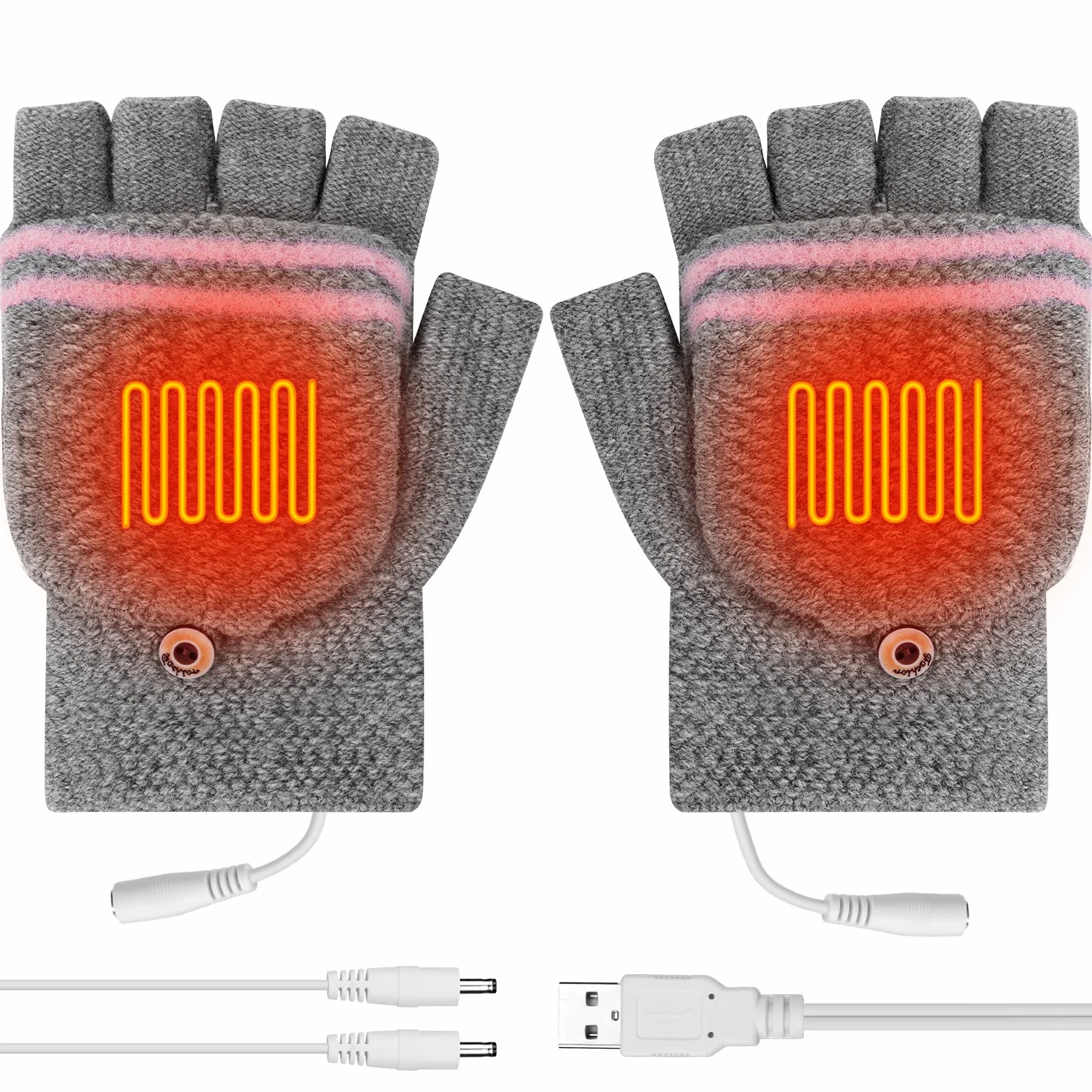 Flintronic Guantes Calefactables USB, Guantes Térmicos USB Unisex de Invierno, Guantes de Medio Dedo con Cubierta para el Dedo, Guantes de Tejer Lavables para Ciclismo/Esquí/Portátiles/Oficina-Rosa