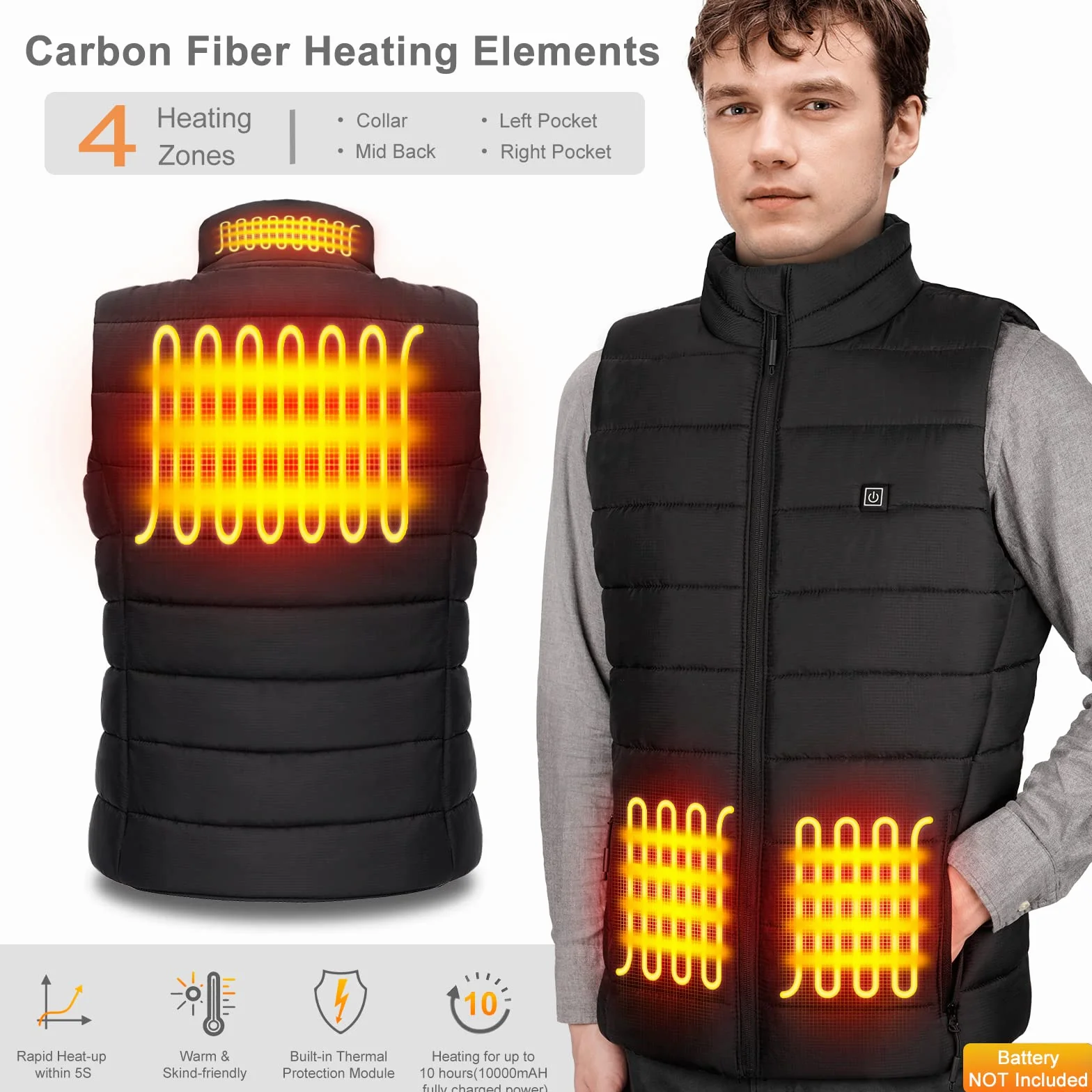 AGUG Chaleco Calentador, Chaleco Calefactable Eléctrico 3 Niveles de Temperatura Chaleco Térmico para Mujer/Hombre Chaqueta Calefactable Ideal para Moto Senderismo Caza Esquí Camping (Batería No)