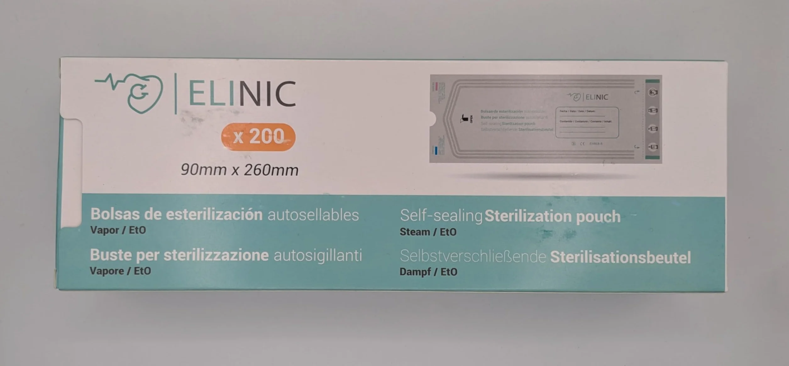 Bolsas autoadhesivas para esterilización Elinic® 200 uds. 90x260mm