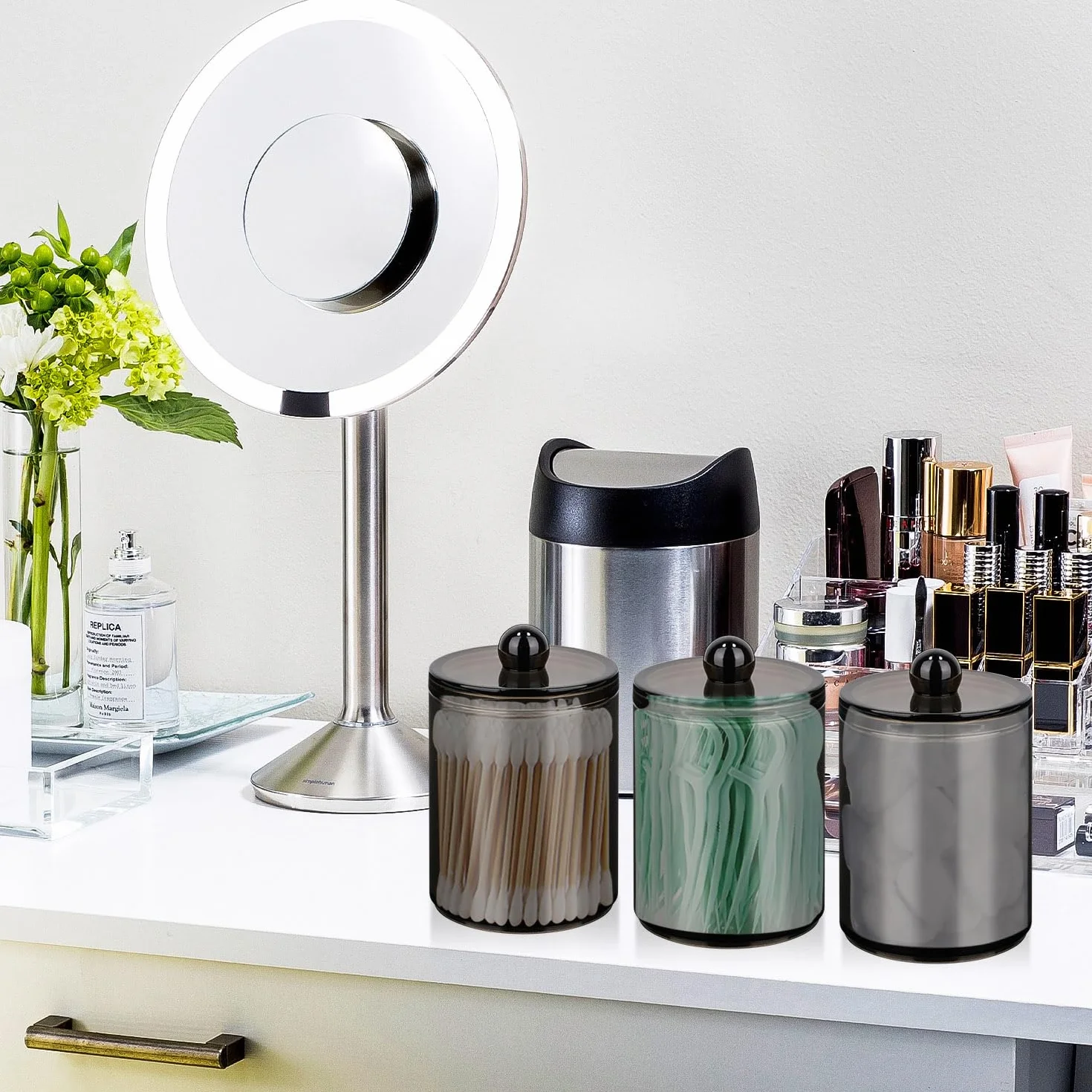 Dispensador de almohadillas redondas, organizador de cosméticos, 3 soportes para bastoncillos de algodón