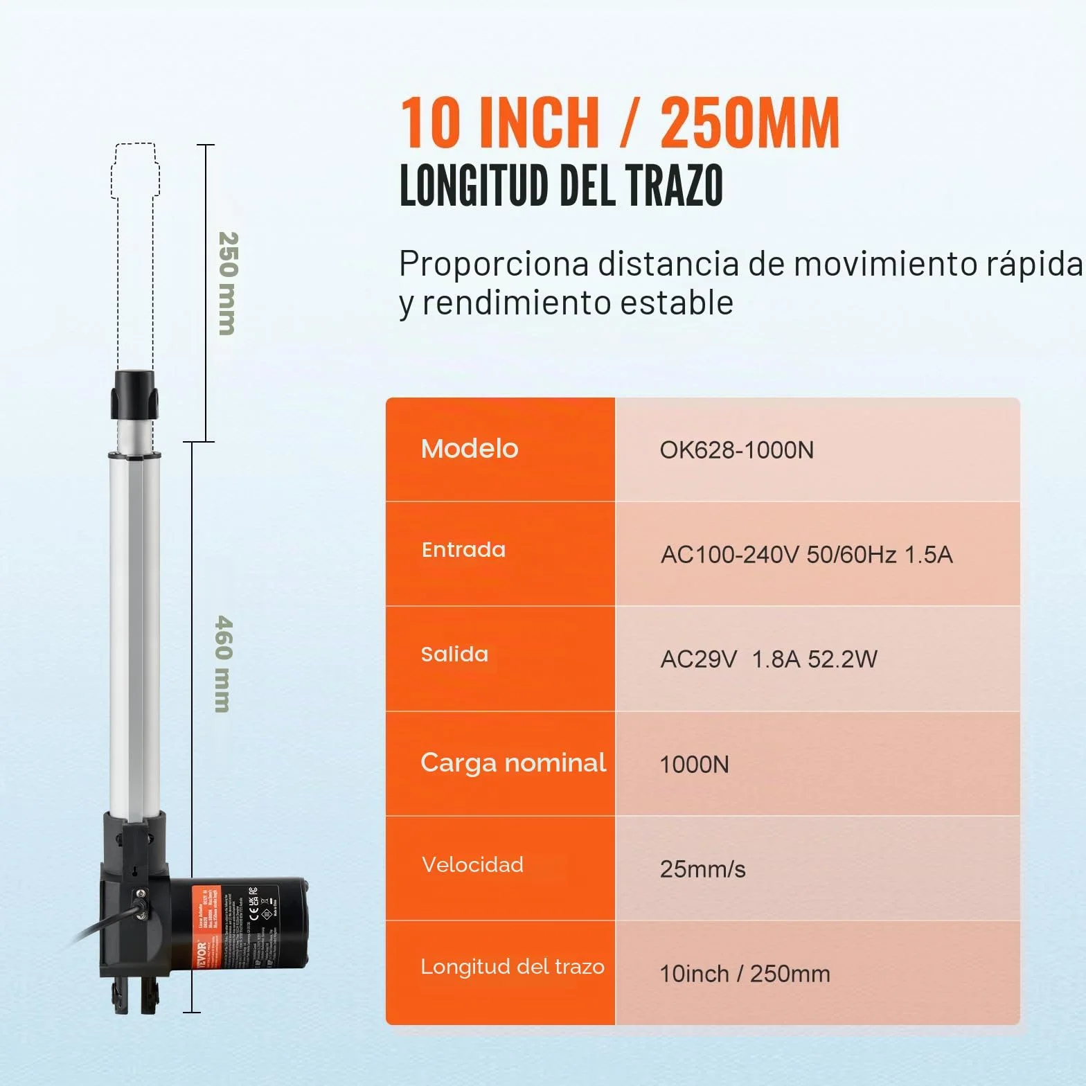 VEVOR Actuador Lineal 250 mm 24 V 25 mm/s 220 lb 1000 N IP44 para Elevación TV Mesa Sofá