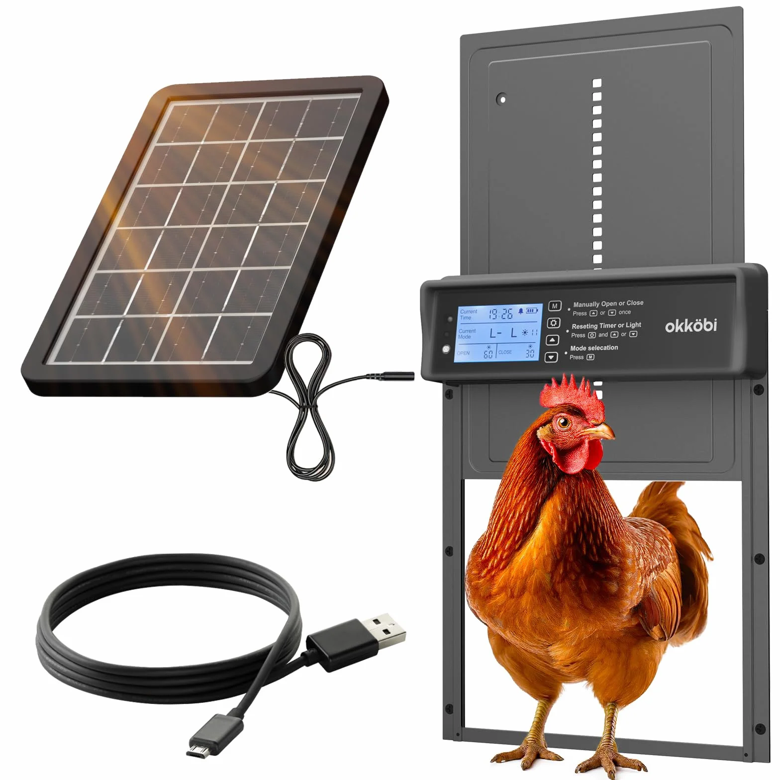 Puerta Gallinero Automatica Solar con Mando a Distancia, Sensor de Luz y Temporizador - Gris