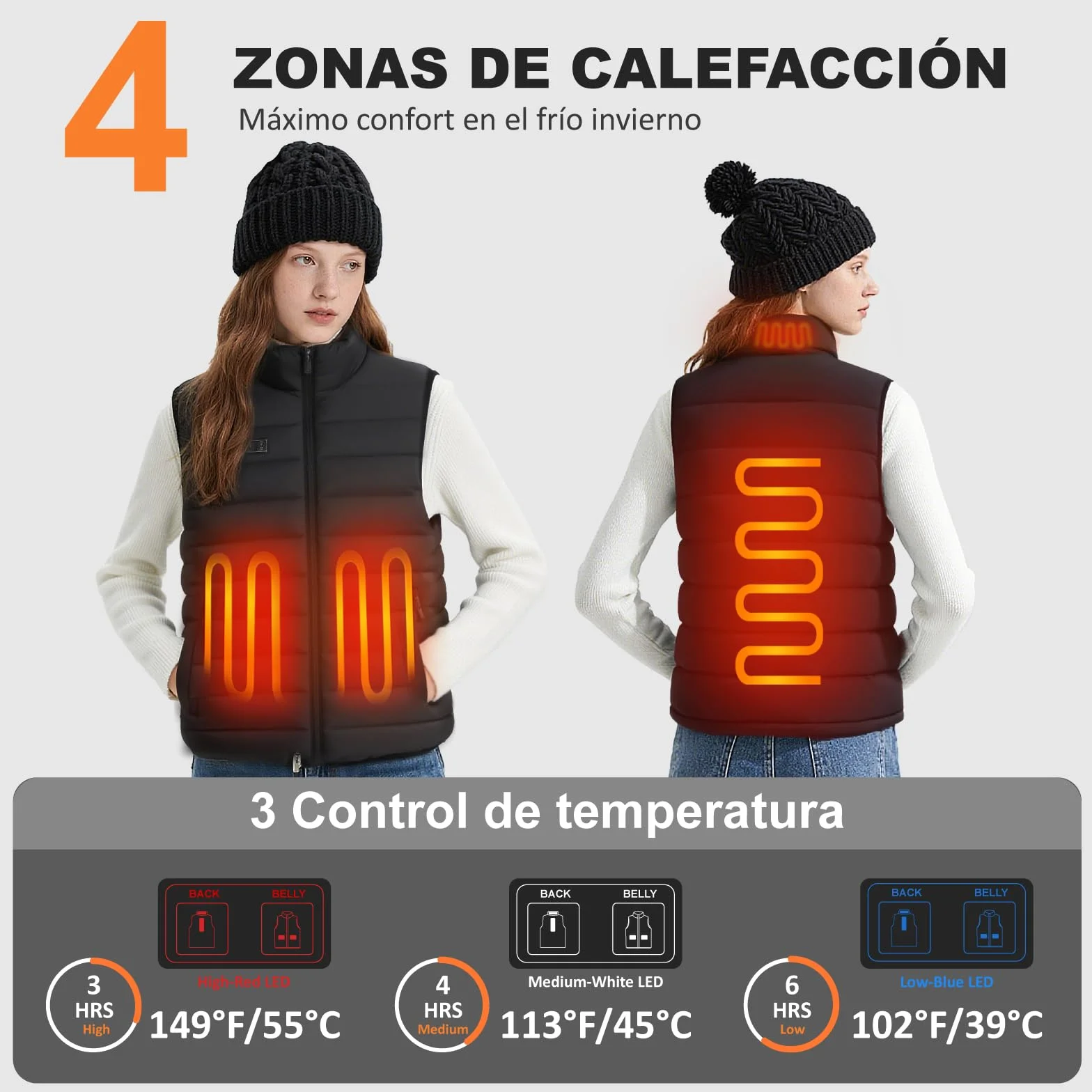 seenlast Chaleco Calefactable Mujer con Batería 10000mAh, 4 Zonas Calefactables 3 Niveles Temperatura Ajustables, Lavable, Chaleco Térmico Eléctrico Ligero de Invierno para Exteriores