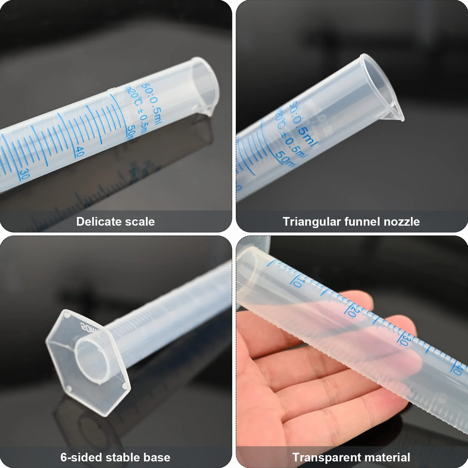 Vasos de plástico graduados para ciencia, cilindro graduado azul, herramientas de medición de líquido, tubo de prueba de laboratorio