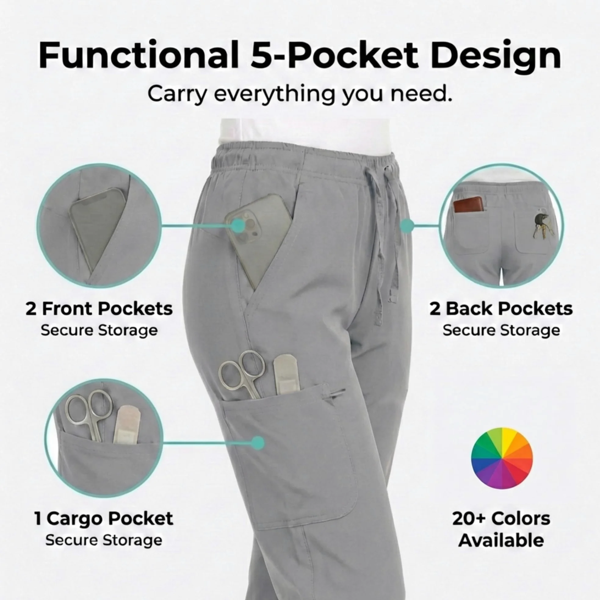 MediChic Pantalones deportivos para mujer, 4 bolsillos, elásticos en 4 direcciones, absorben la humedad, antiarrugas, cintura elástica