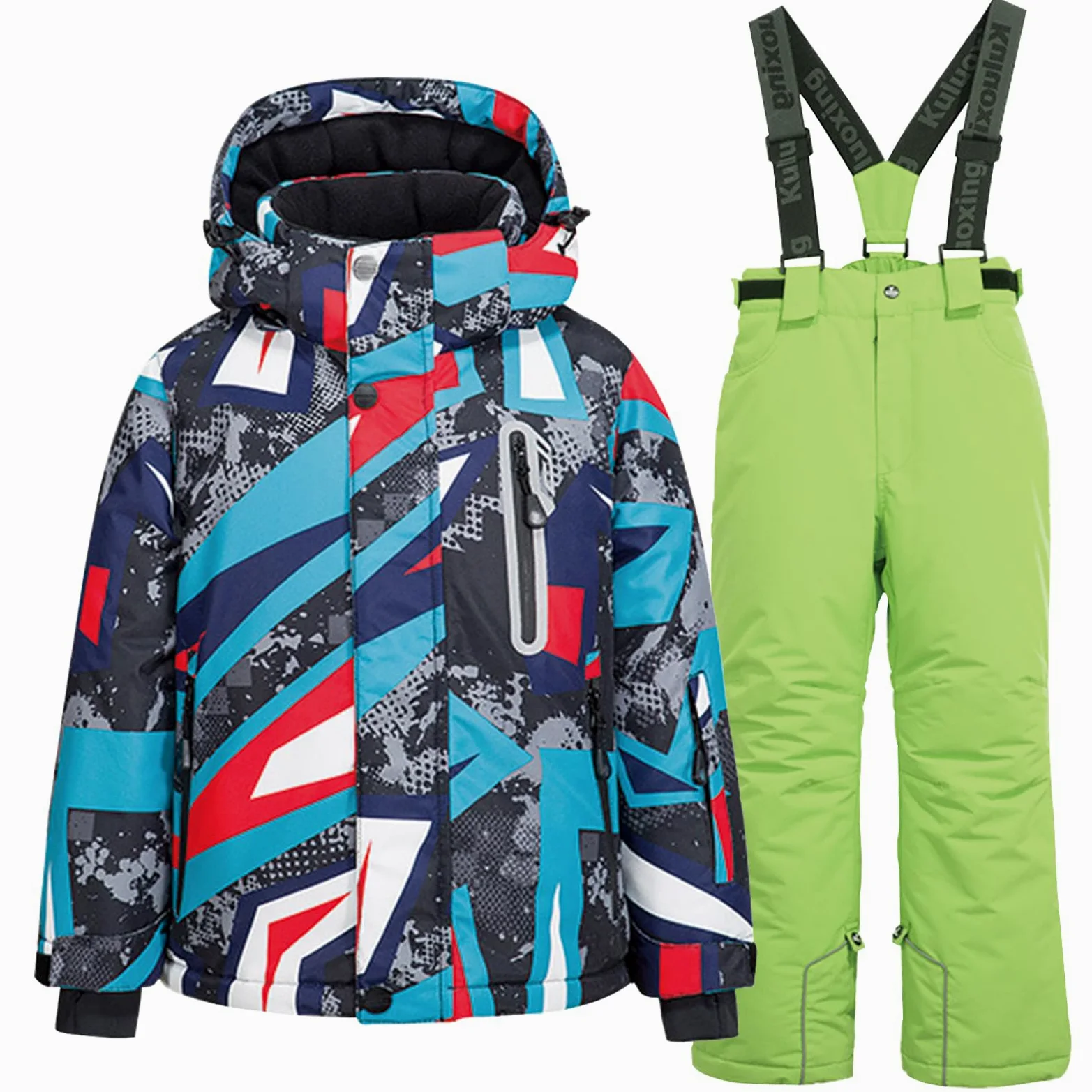 Conjunto de traje de esquí infantil de 2 piezas con capucha, impermeable, resistente al viento, traje de nieve para niños y niñas, chaqueta de esquí cálida y pantalones de esquí, geométricos