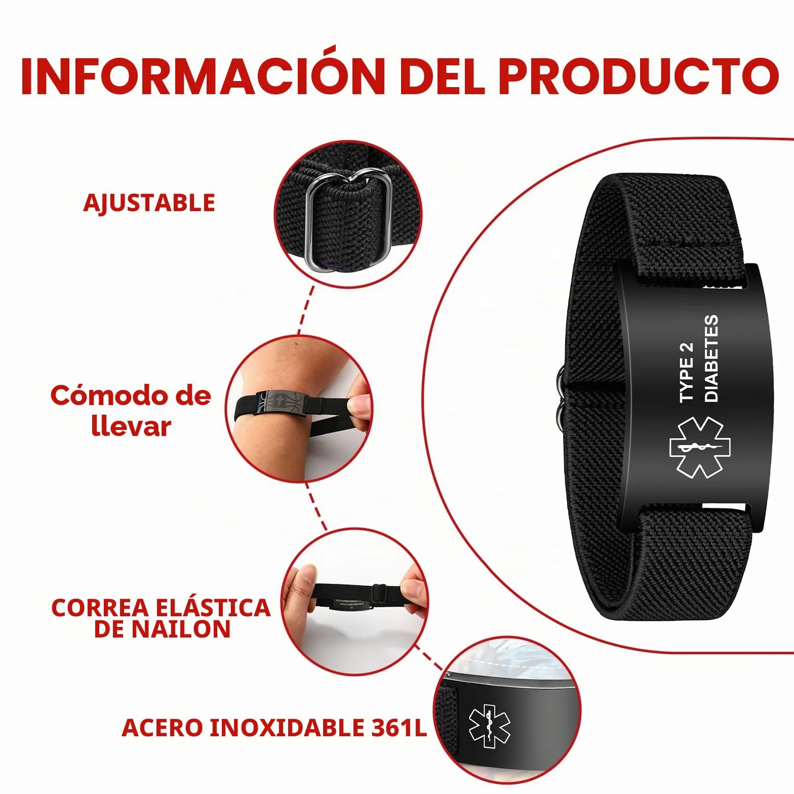 Pulsera de alerta médica personalizada de acero inoxidable grabada con correa elástica para diabetes epilepsia