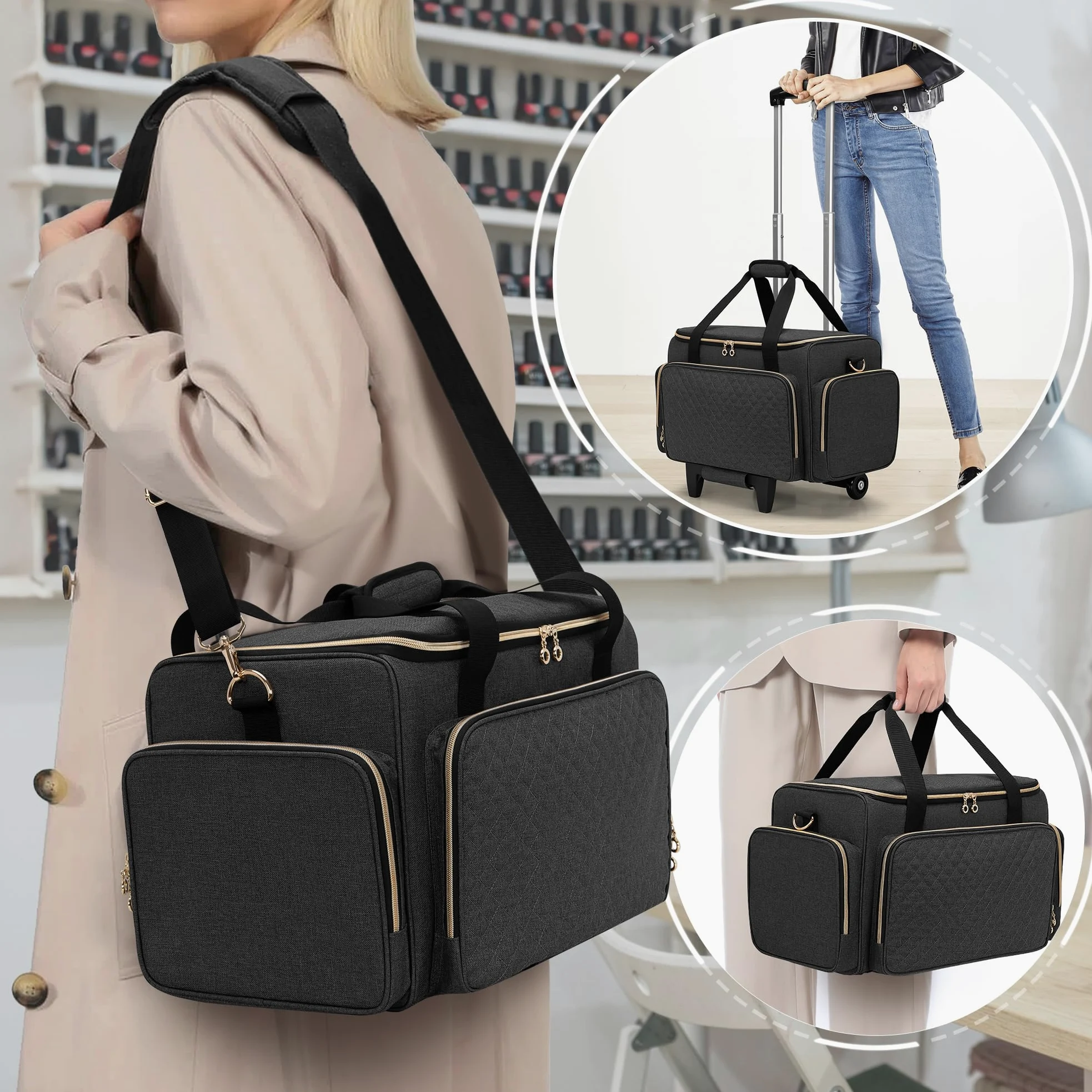Luxja Estuche de Maquillaje con Ruedas, Bolsa de Cosméticos, Negro | Bolsa de Maquillaje con 3 Bolsas Extraíbles y 1 Bolsa para Brochas de Maquillaje