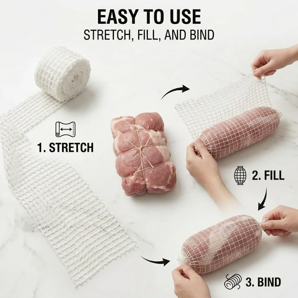 Rollo de Malla para Carne Elástica 2m 16 Huecos Red de Algodón para Asado Jamón Embutido Secado Ahumado Resistente al Calor