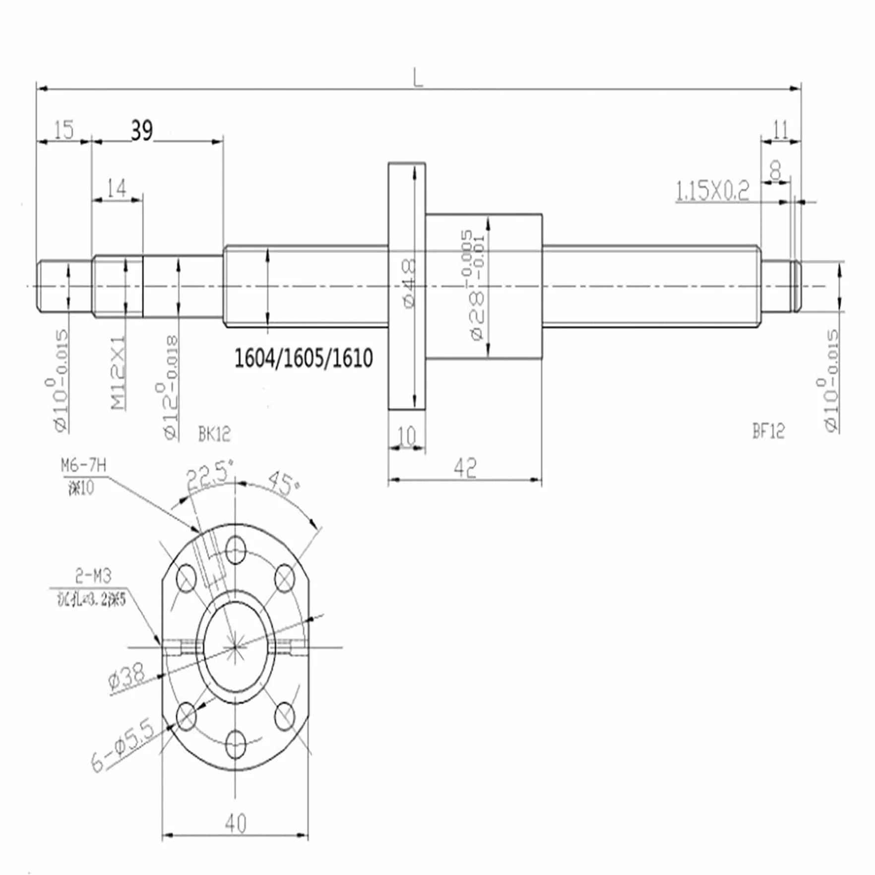 Husillo de bolas SFU1605 450 mm acero inoxidable BK12/BF12 para CNC