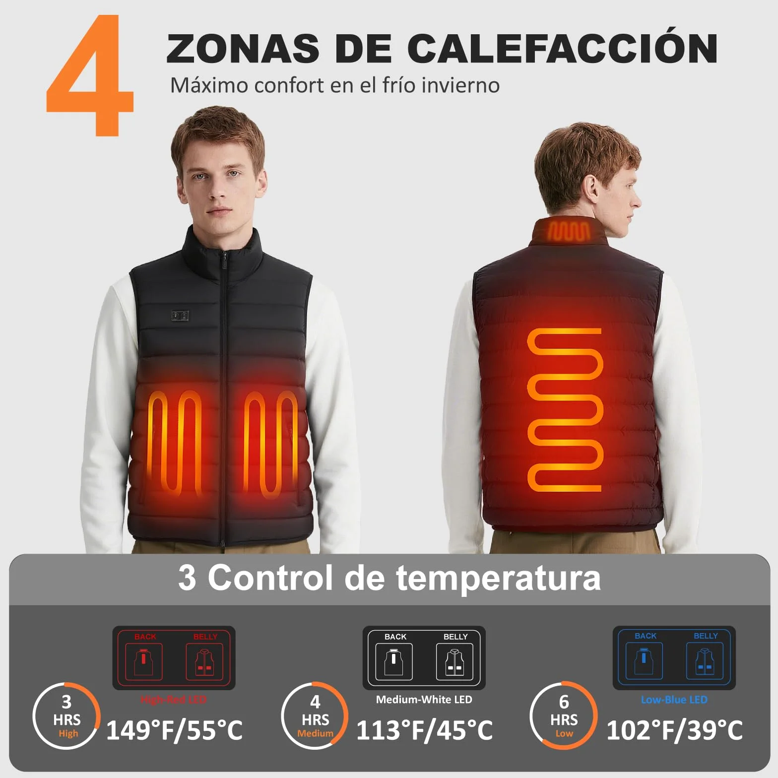 seenlast Chaleco Calefactable Hombre Mujer con Batería 10000mAh, 4 Zonas Calefactables 3 Niveles Temperatura Ajustables, Lavable, Chaleco Térmico Sin Mangas Ligera de Invierno para Exteriores