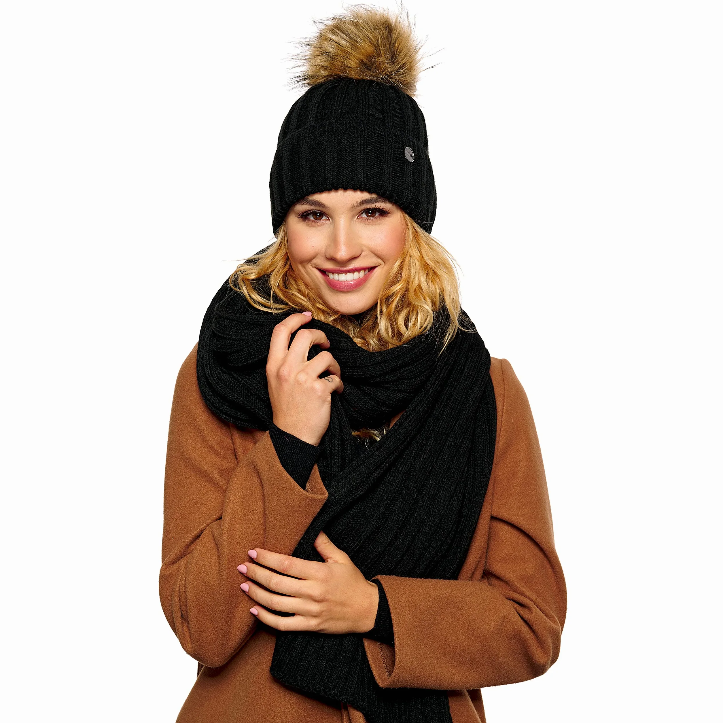 ELIMELI Gorro de cachemira para mujer, de invierno, cálido, gorro de lana con cachemira, gorro de invierno con pompón de piel sintética, gorro de punto para mujer, para invierno, gorro de pompón,
