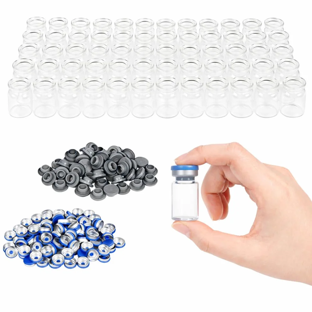 Frascos de vidrio transparente Headspace 5 ml 100 uds fondo plano 20 mm tapas abatibles plástico-aluminio tapones goma