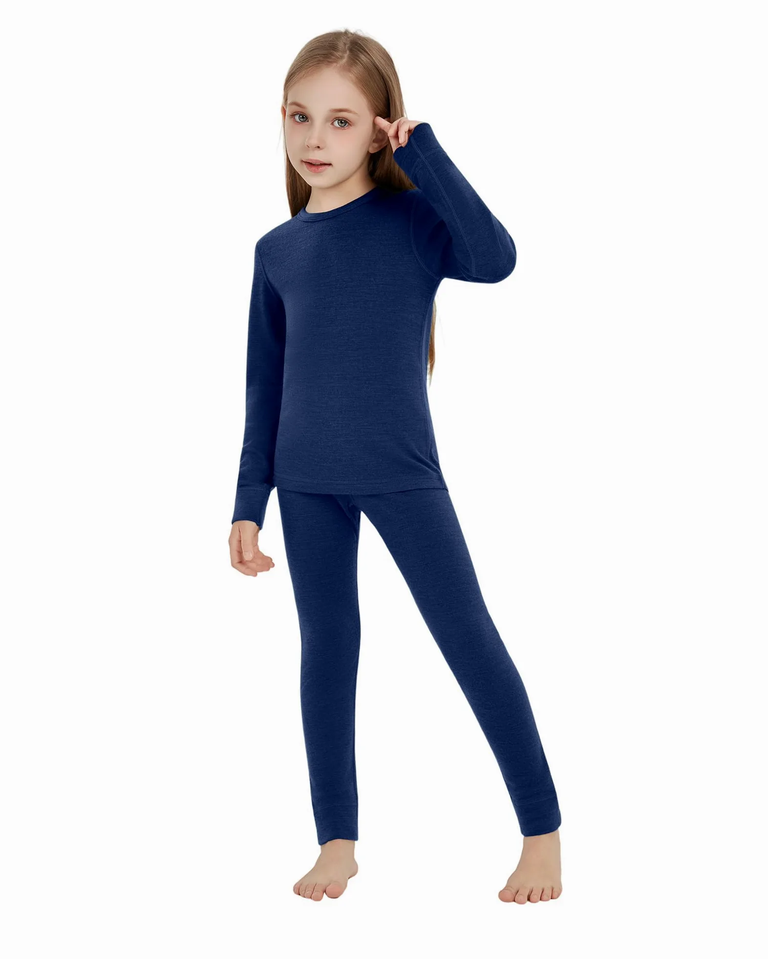 Ropa interior térmica infantil unisex, 100 % lana merino, juego para niños y niñas, ropa interior de esquí de invierno, cálida y cómoda, 260 g/m², azul marino, talla 11-12