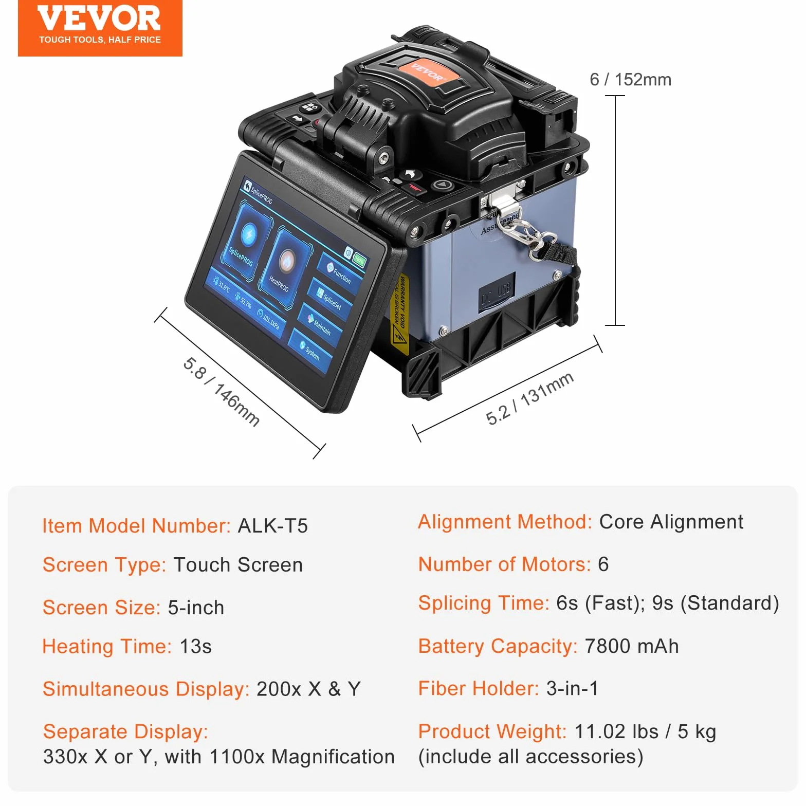 VEVOR Empalmador de Fibra Óptica de 6 Motores, Alineación de Núcleo, 7800 mAh, 146x131x152 mm