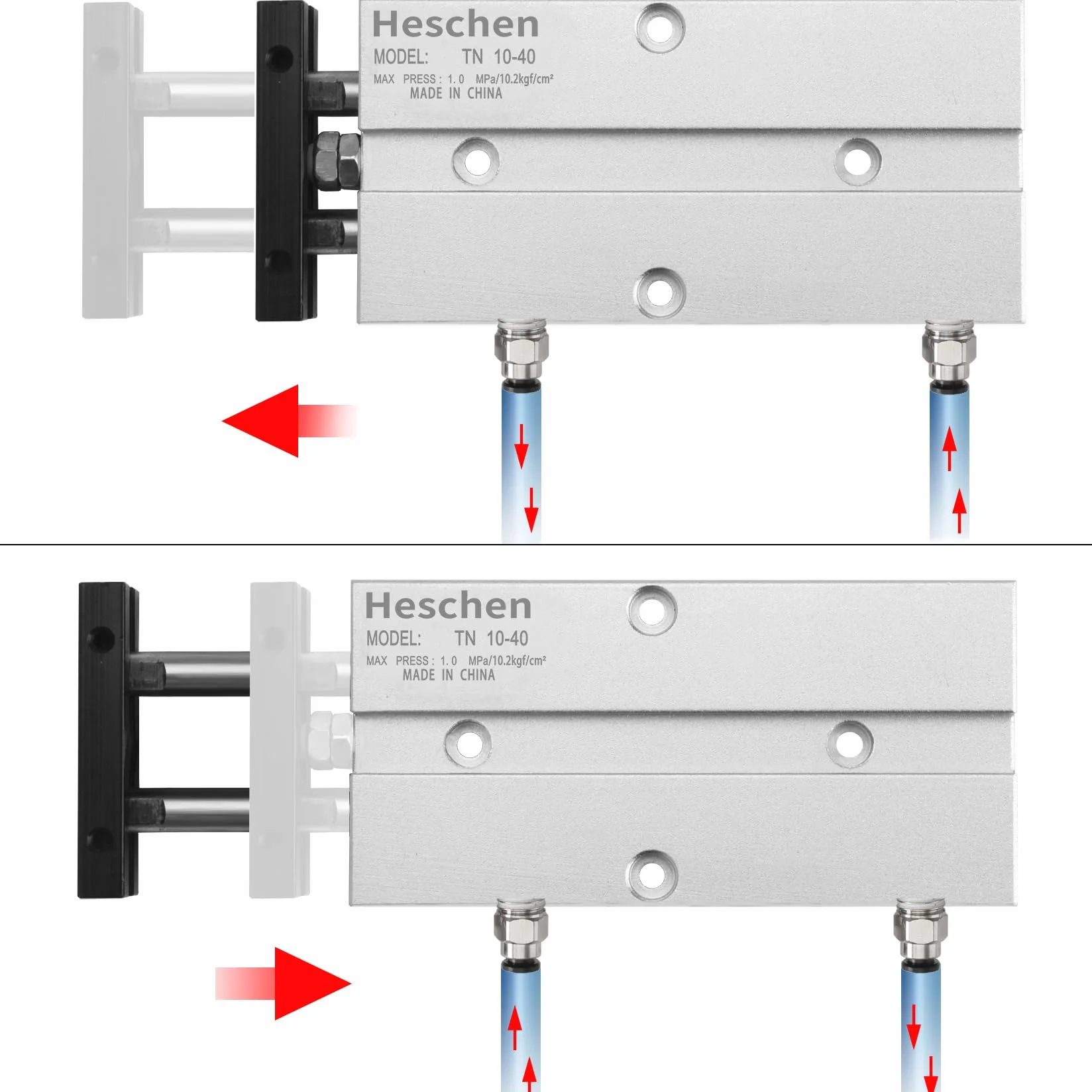 Heschen Cilindro neumático de doble acción TN10-10, orificio 10 mm, aluminio, doble varilla, con imán, carrera 40 mm