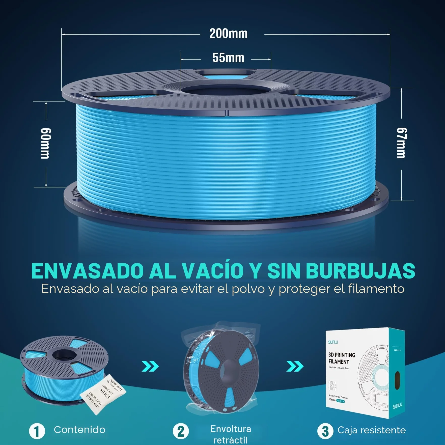 SUNLU PLA+ Filamento 1.75mm Negro 1KG para Impresoras 3D FDM