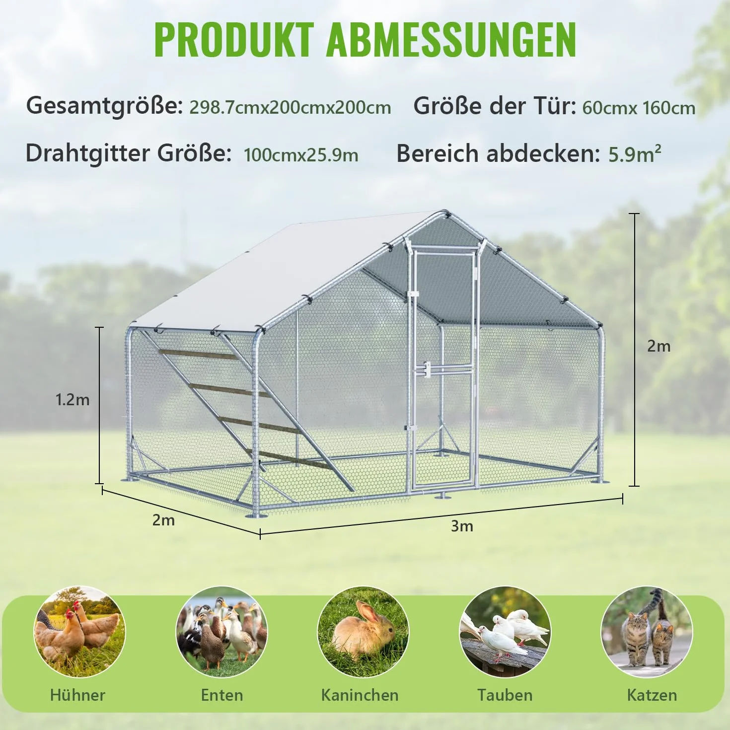 Gallinero grande de metal 3x2x2 m con cubierta de techo, para jardín, resistente a la intemperie, para 6-10 gallinas