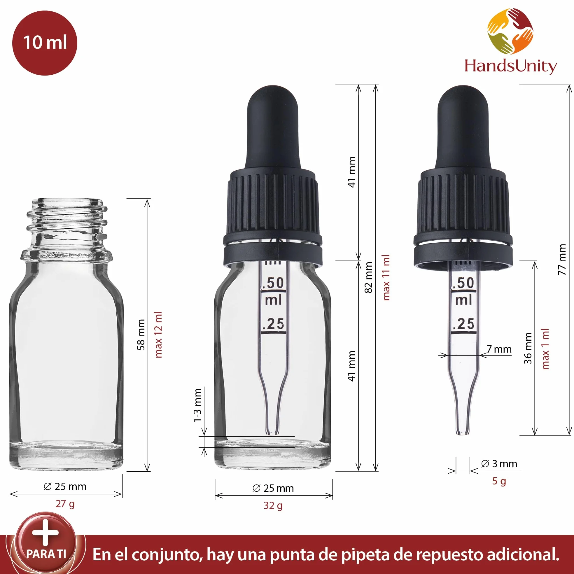 Frasco de Vidrio para Pipetas 10ml - Juego de 12 Piezas con Tapa Negra y Accesorios