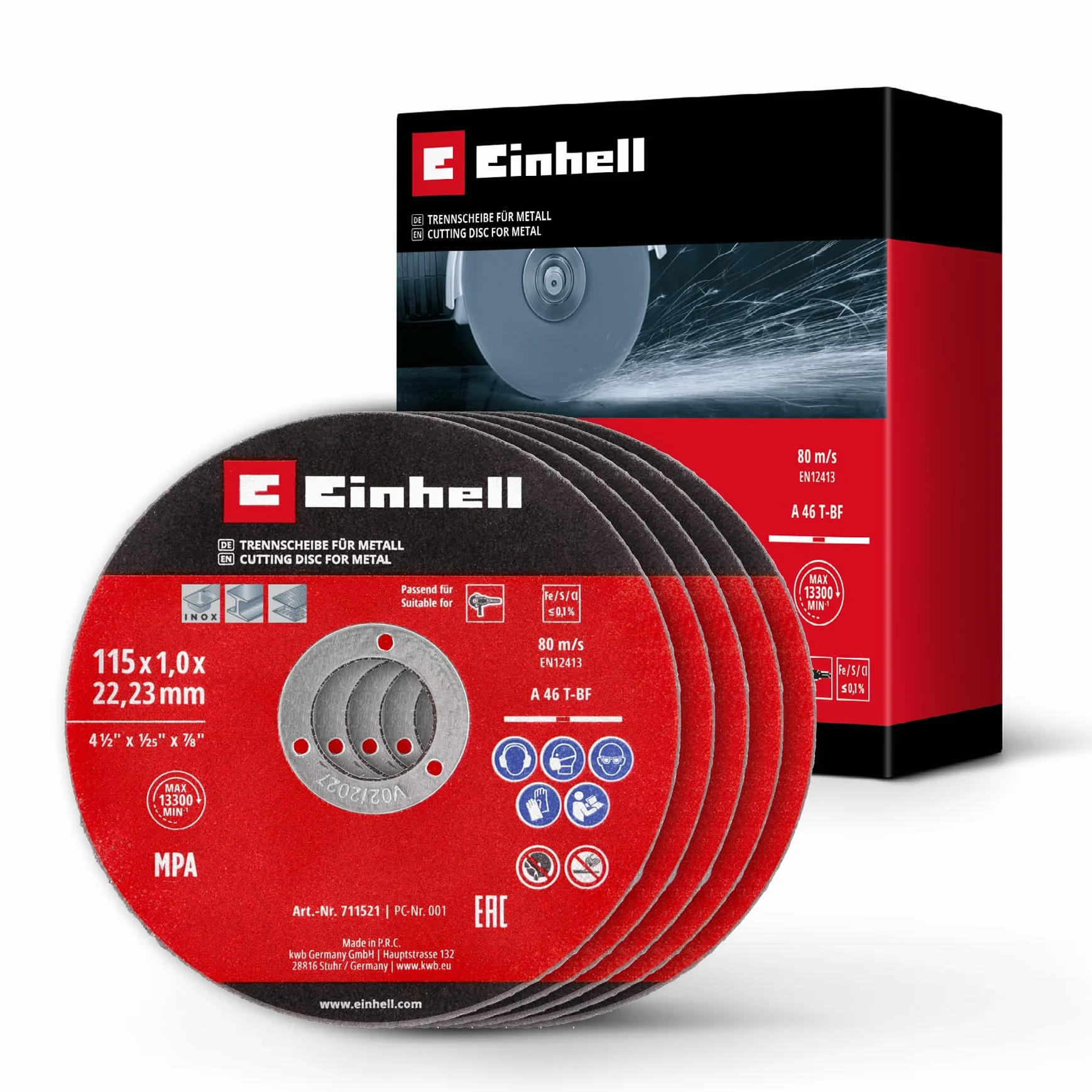 Einhell Juego de 5 discos de corte de inox y metal 115 x 1 mm