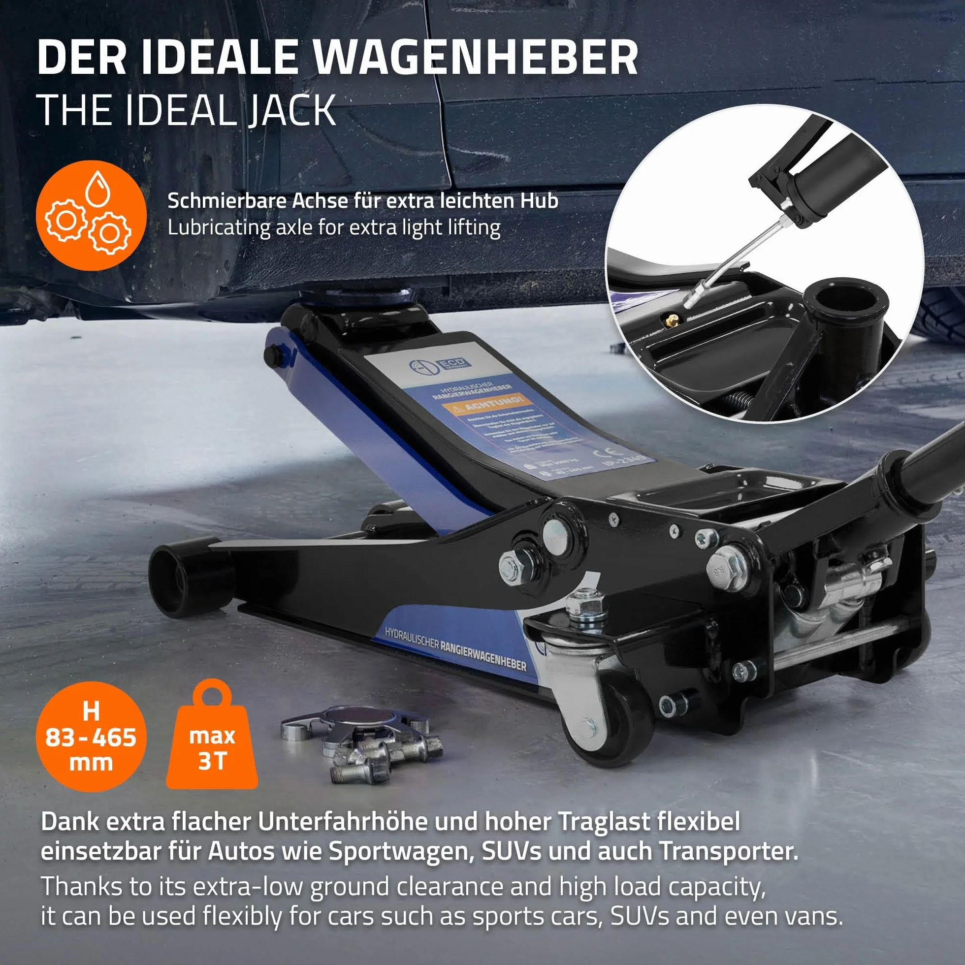 ECD Germany Gato Hidráulico 3T 83-465 mm Elevación Plana con Almohadillas de Goma y Rodillos 360°