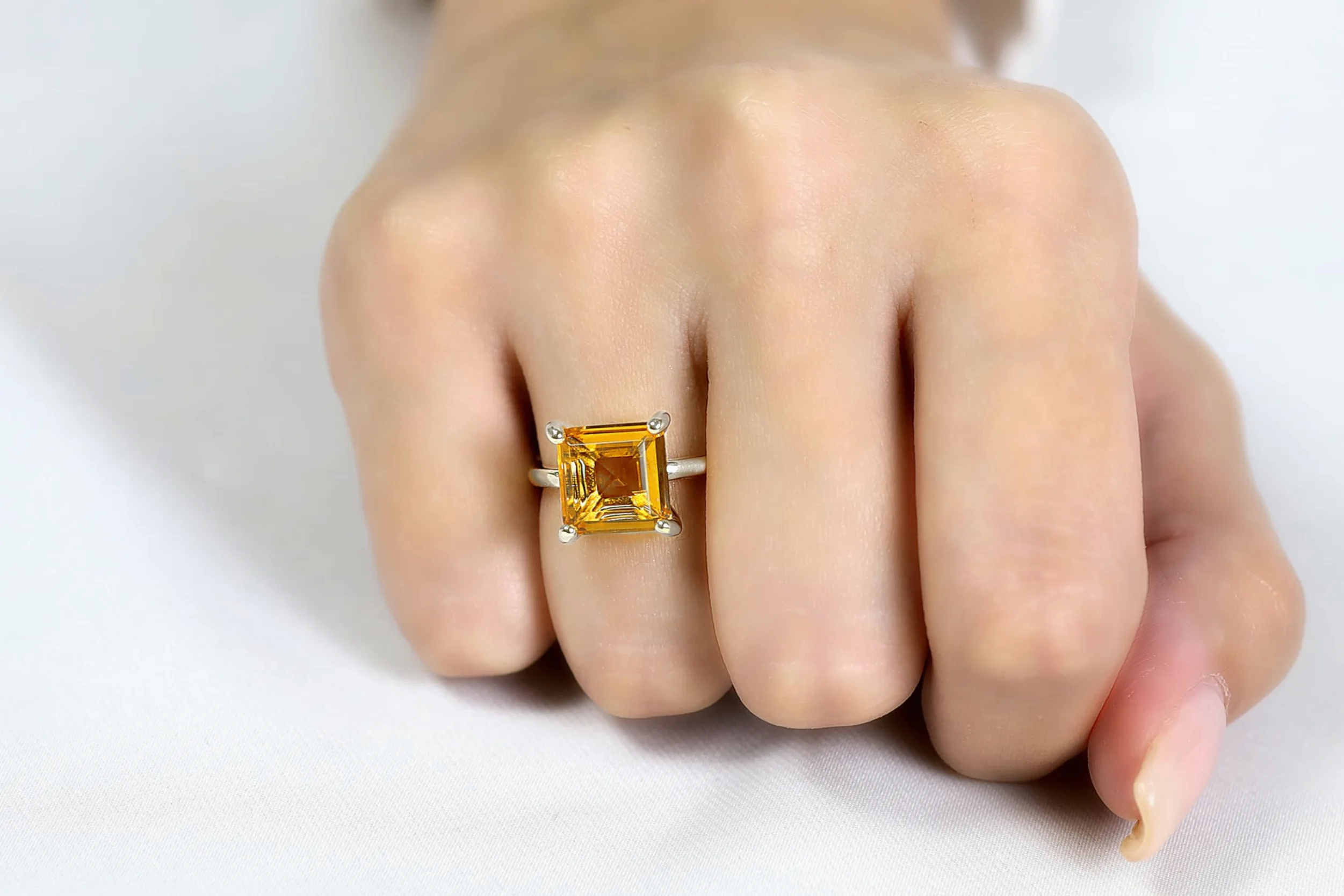 Anillo Citrino Amarillo - Anillos Solitarios Brillantes para Mujer - Anillo Cuadrado Hecho a Mano, Anillo de Compromiso Único - Joyería Personalizada con Caja